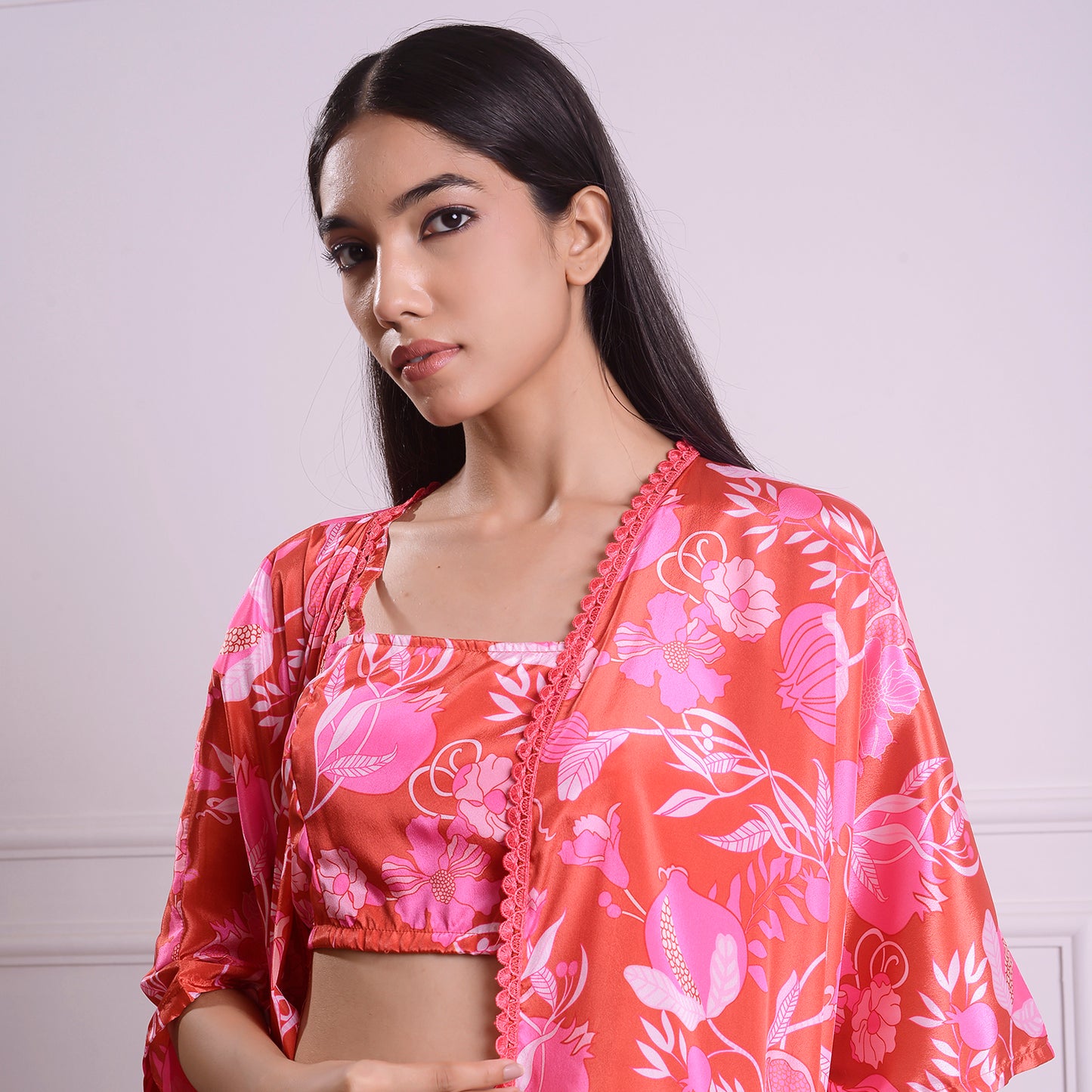 HOK ENSEMBLE- printed pink Silk skirt with cape and blouse