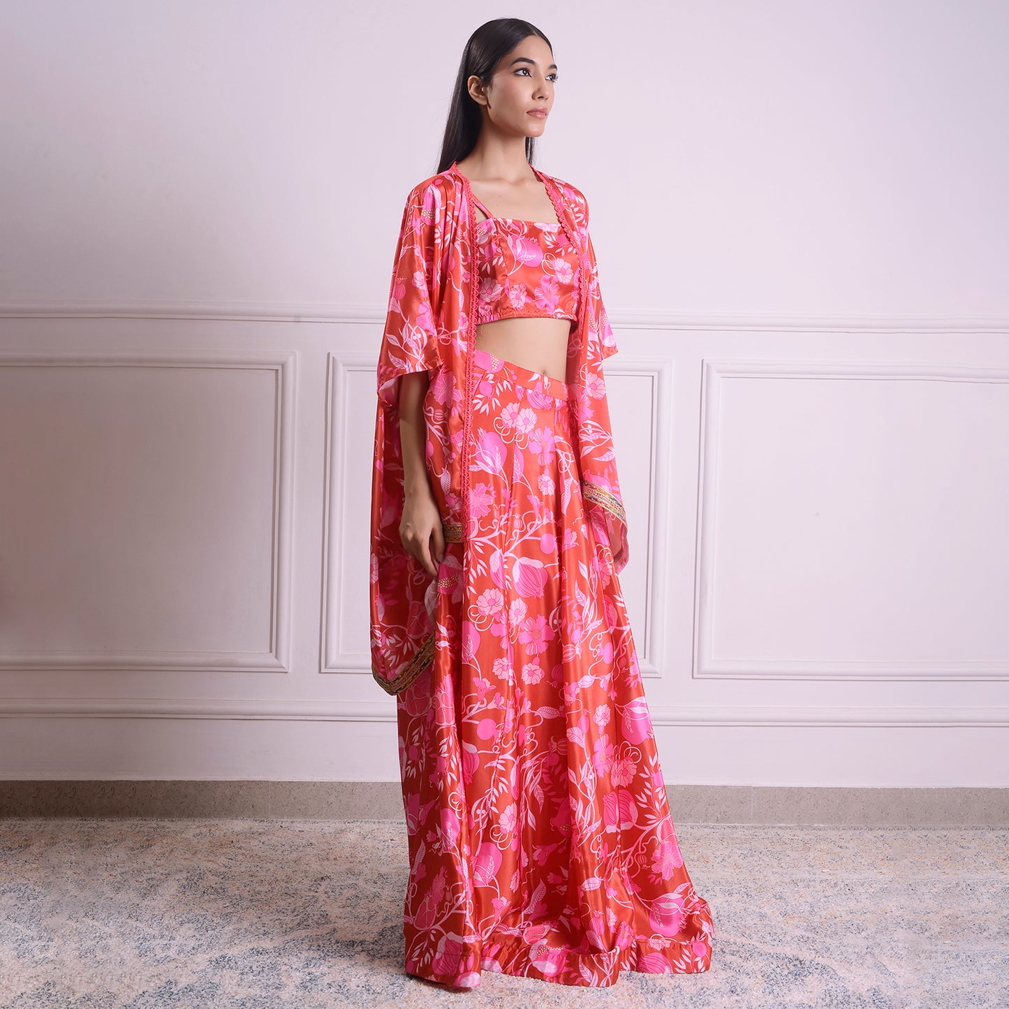HOK ENSEMBLE- printed pink Silk skirt with cape and blouse