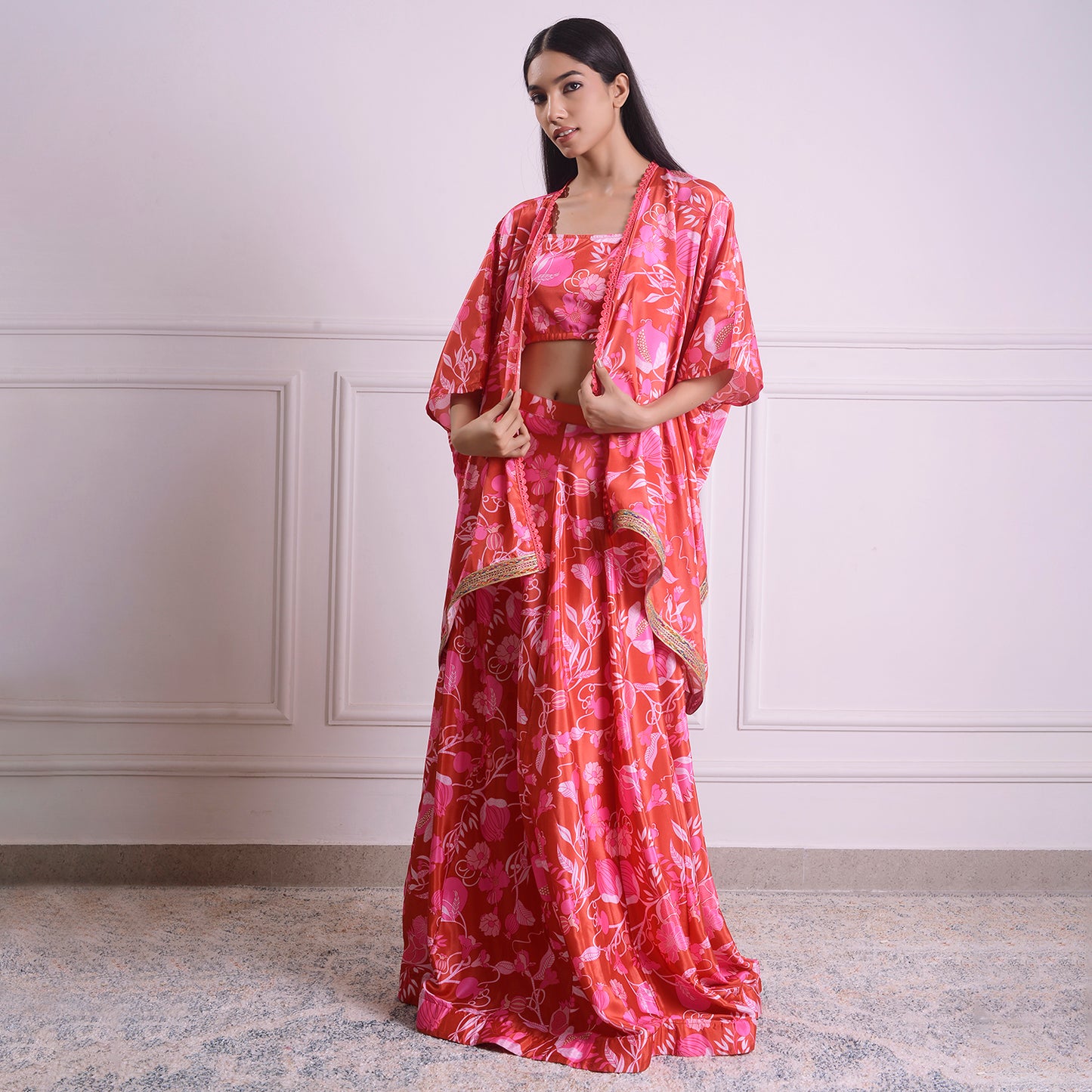 HOK ENSEMBLE- printed pink Silk skirt with cape and blouse