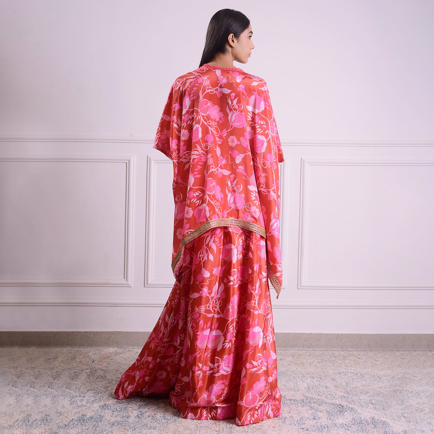 HOK ENSEMBLE- printed pink Silk skirt with cape and blouse