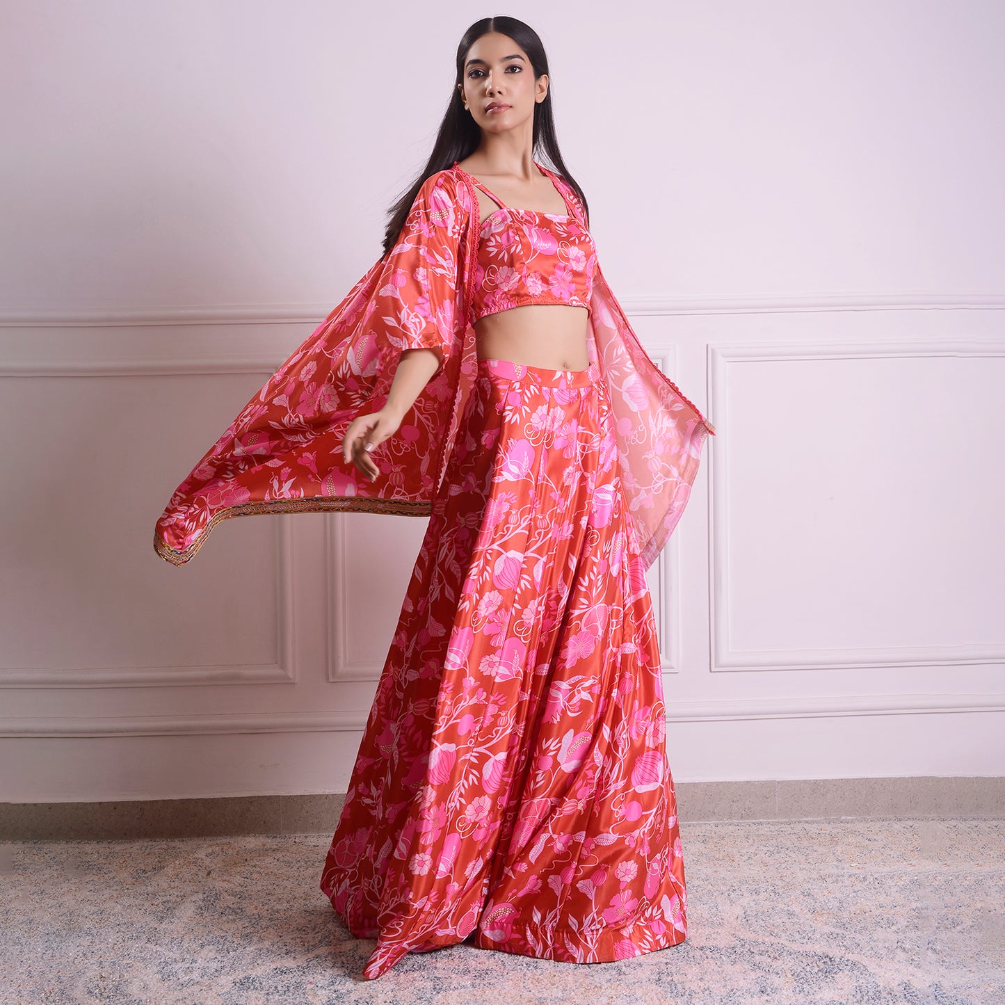 HOK ENSEMBLE- printed pink Silk skirt with cape and blouse