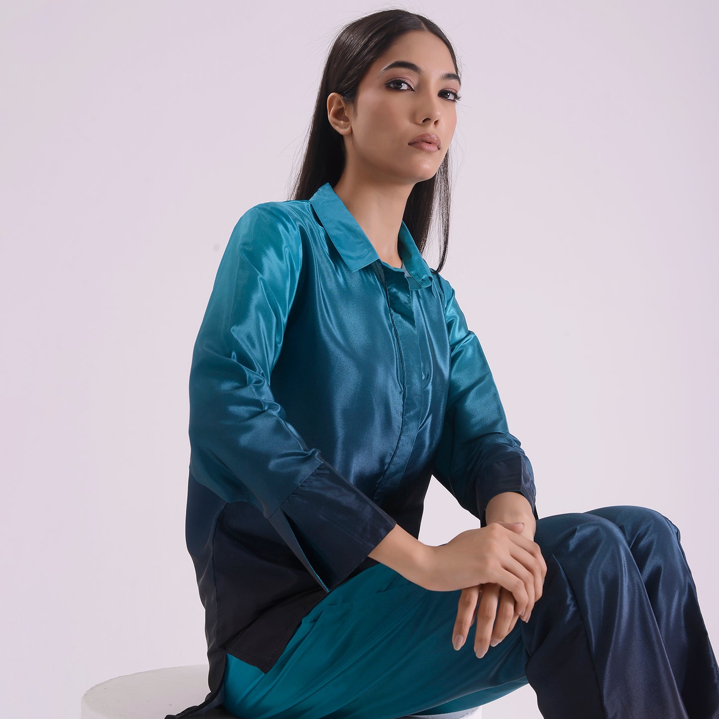Dark ocean blue ombre Silk Coord set of 2