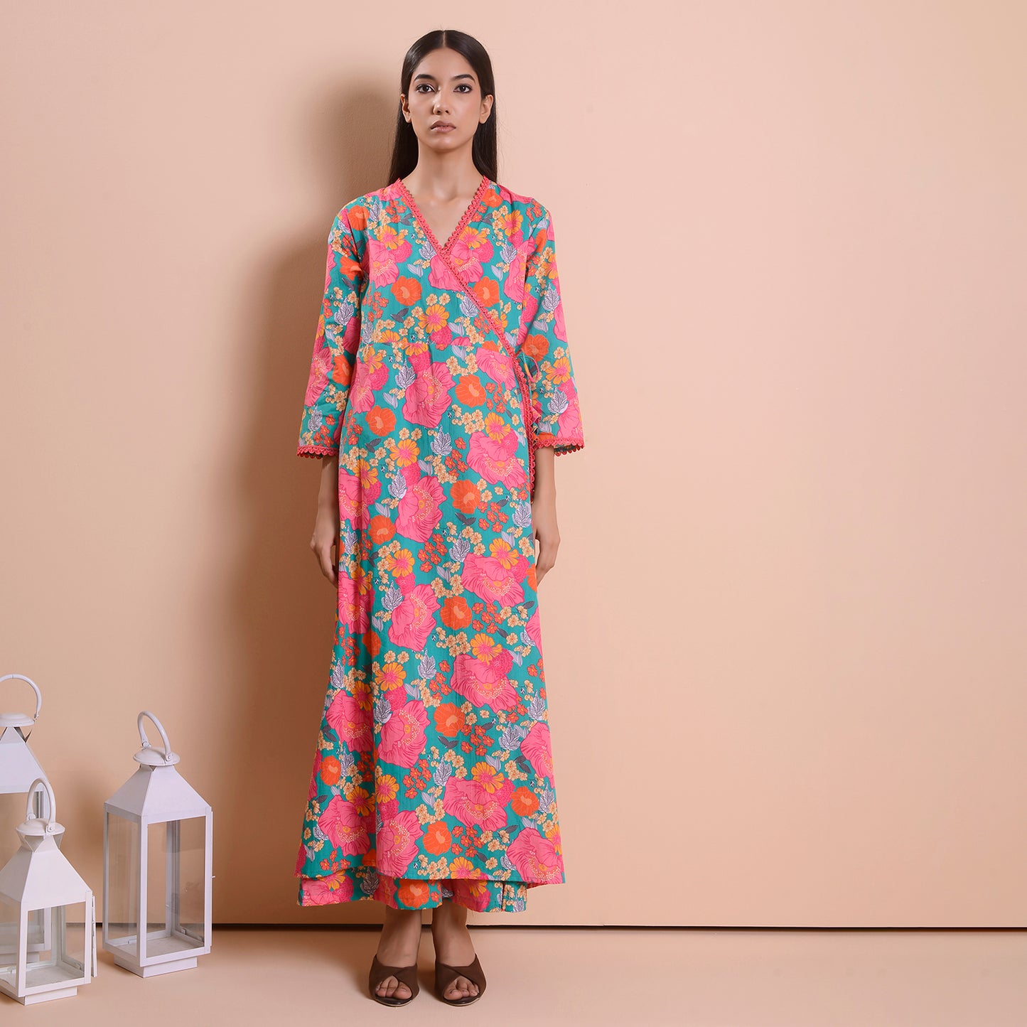 Poplin pink printed angrakha style suit set of 2