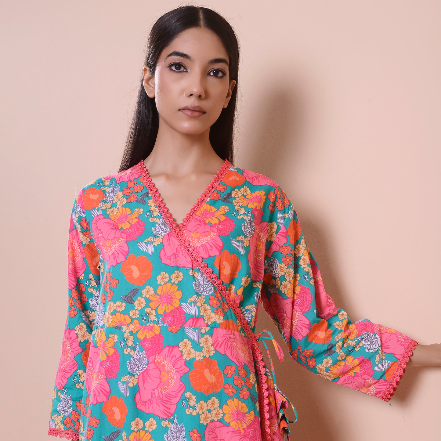 Poplin pink printed angrakha style suit set of 2
