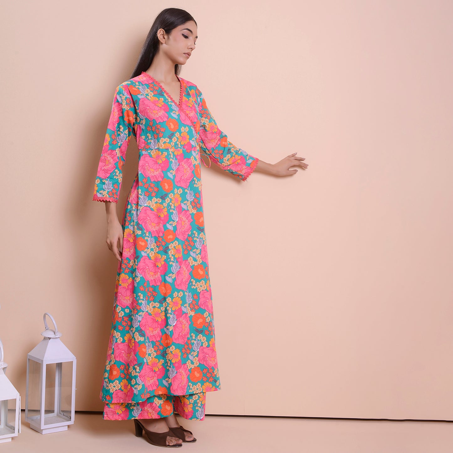 Poplin pink printed angrakha style suit set of 2