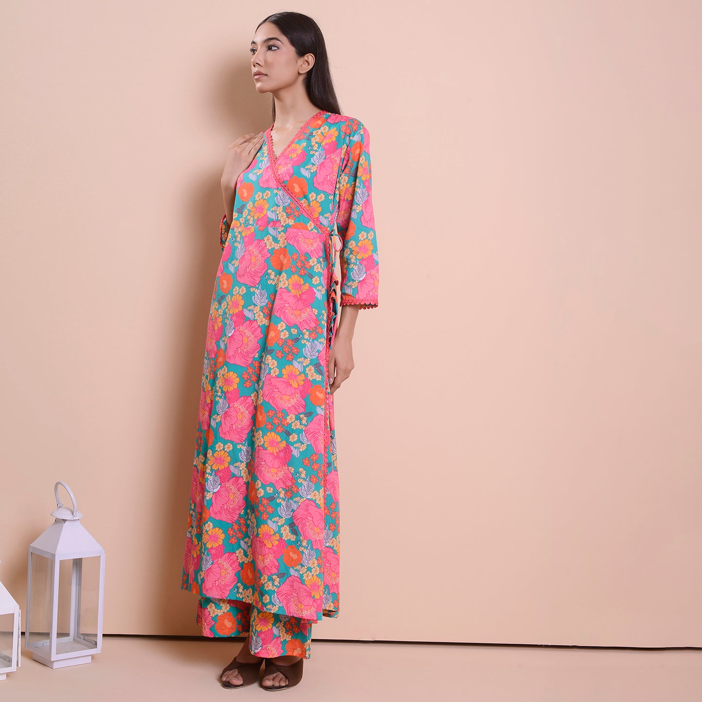 Poplin pink printed angrakha style suit set of 2