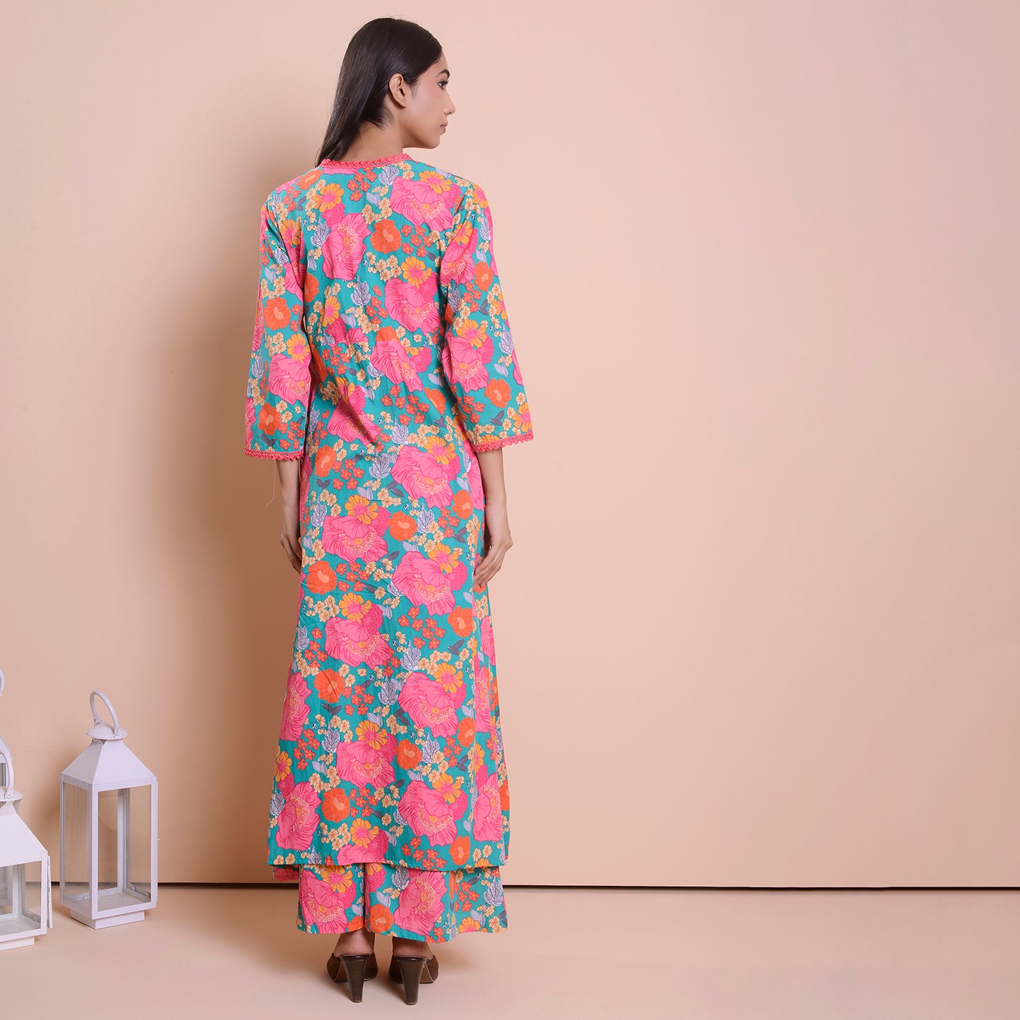 Poplin pink printed angrakha style suit set of 2