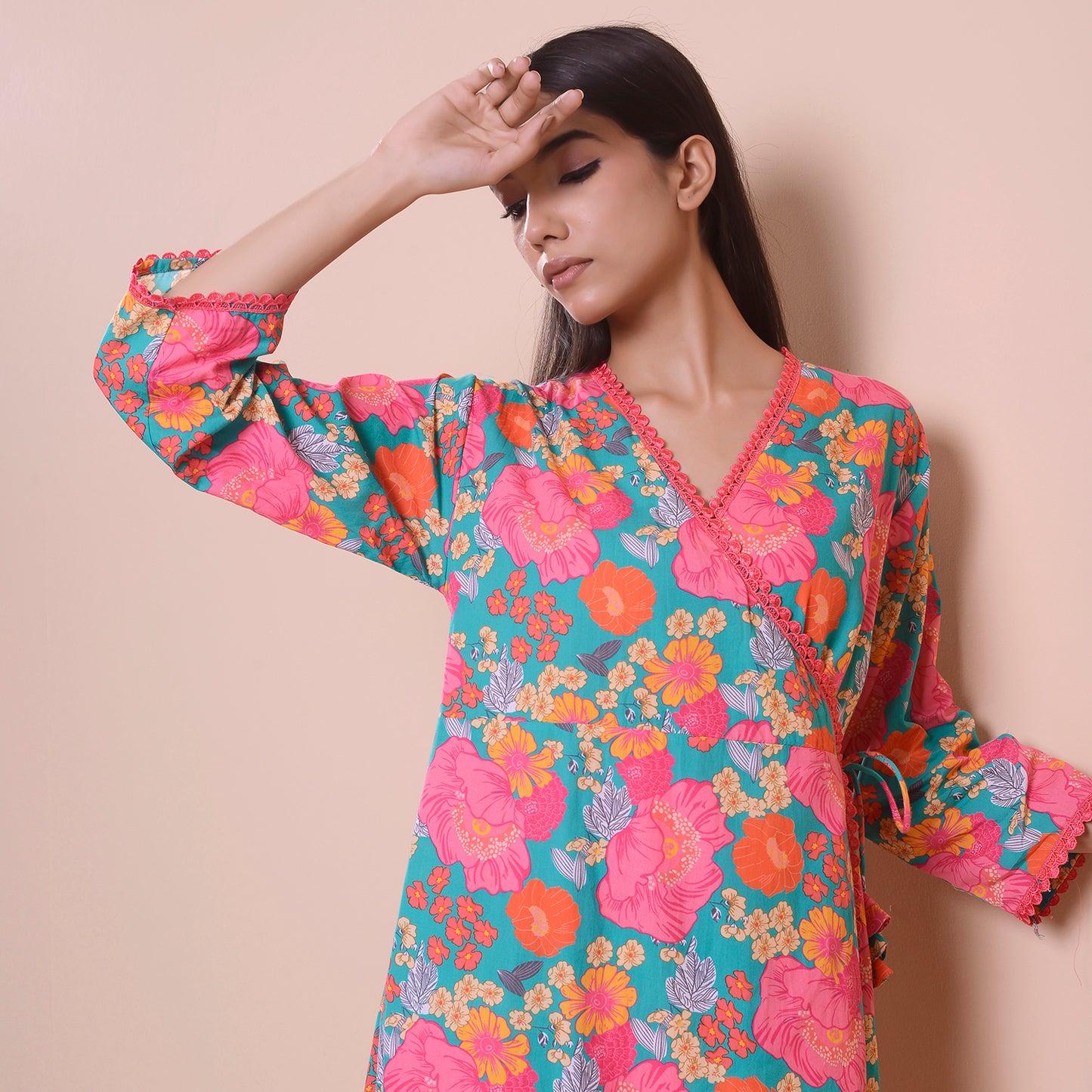 Poplin pink printed angrakha style suit set of 2