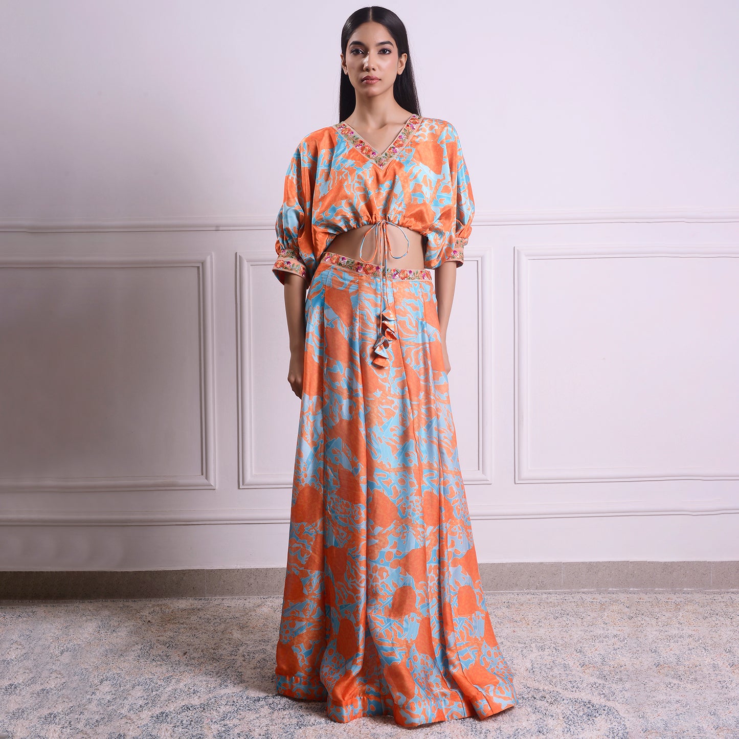 HOK ENSEMBLE tangerine silk skirt with kaftan style blouse