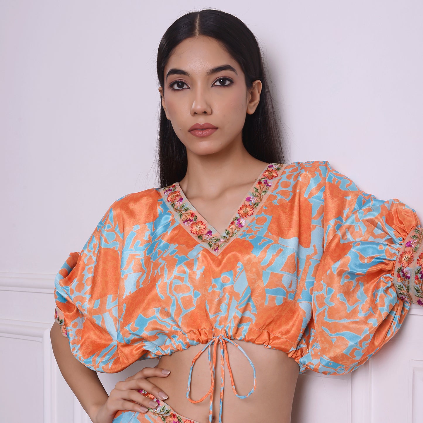 HOK ENSEMBLE tangerine silk skirt with kaftan style blouse