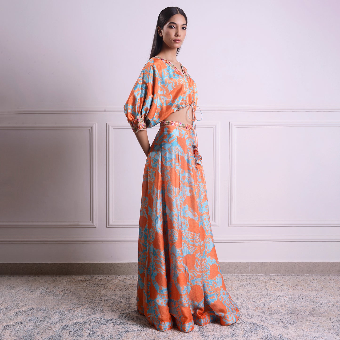 HOK ENSEMBLE tangerine silk skirt with kaftan style blouse