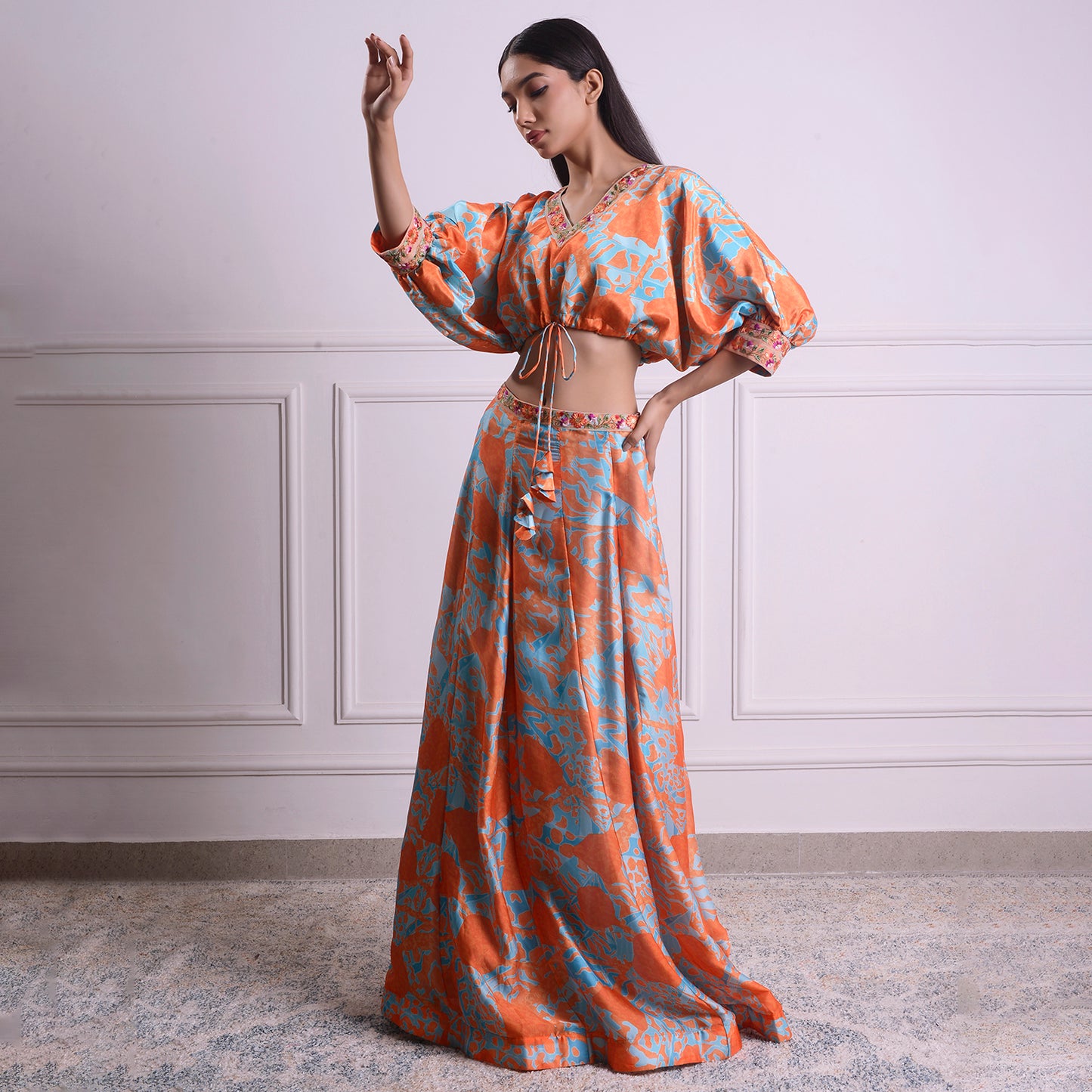 HOK ENSEMBLE tangerine silk skirt with kaftan style blouse