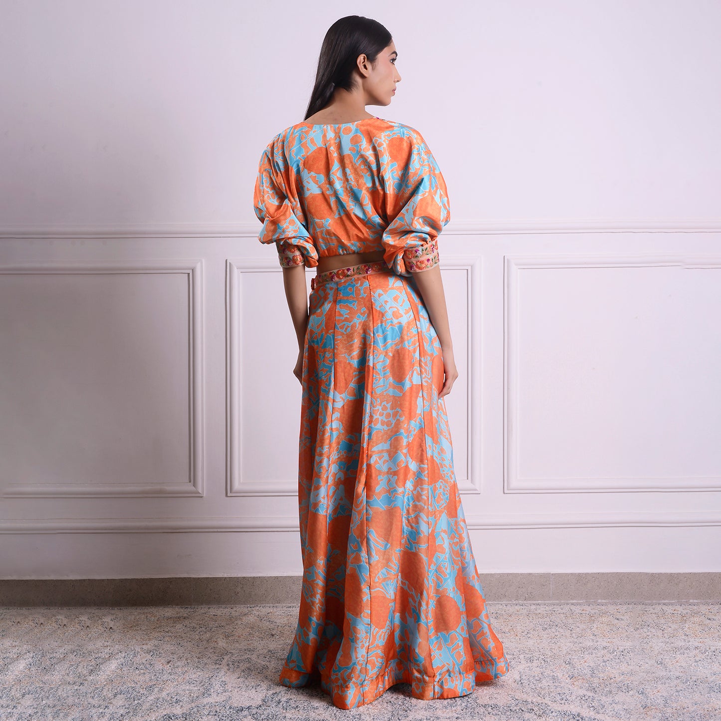 HOK ENSEMBLE tangerine silk skirt with kaftan style blouse