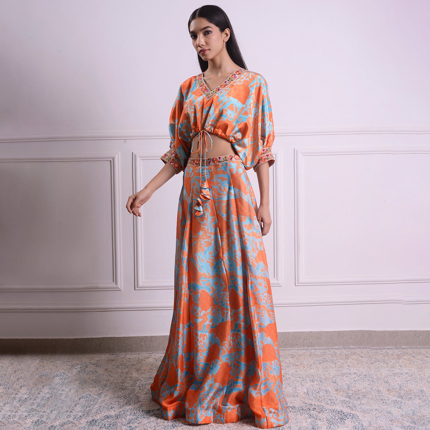 HOK ENSEMBLE tangerine silk skirt with kaftan style blouse