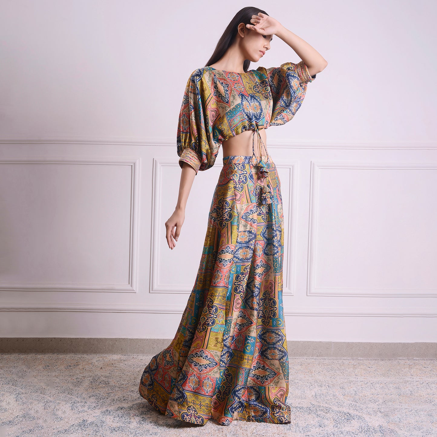 HOK ENSEMBLE-Royal goergette satin skirt with kaftan style top