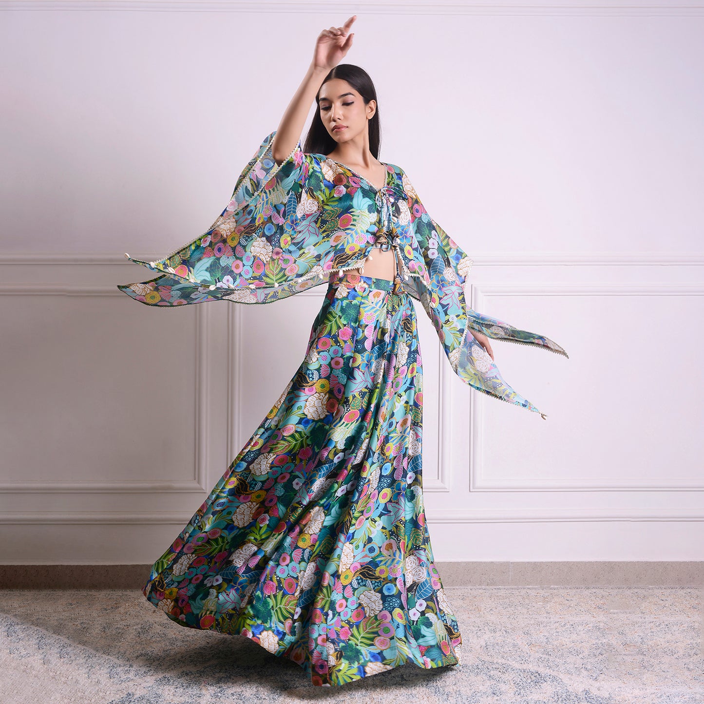 HOK ENSEMBLE Aquamarine Georgette satin skirt with kaftan style top with blouse