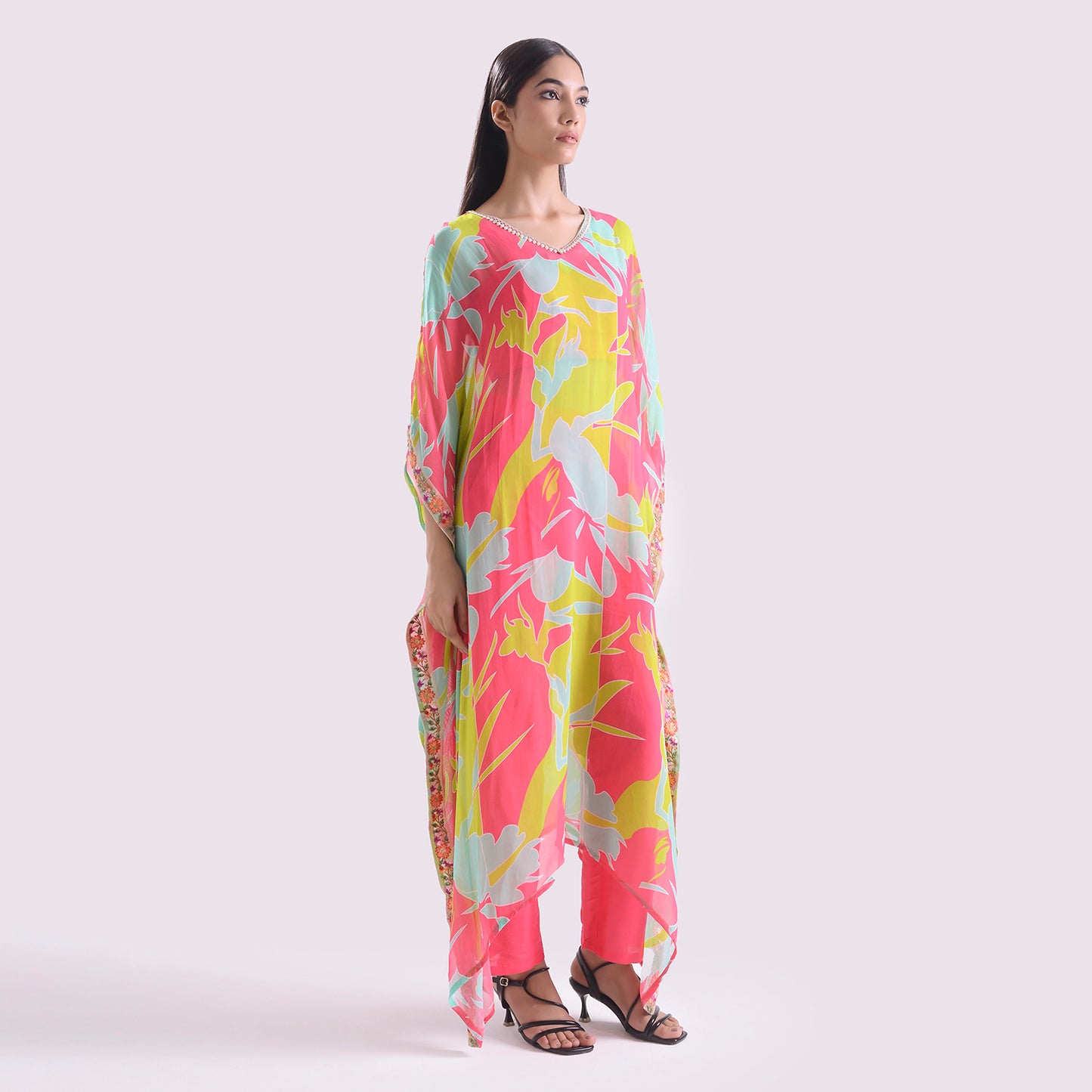 HOK ENSEMBLE Modern muse Goergette Kaftan with silk blouse and pant with embroided touch
