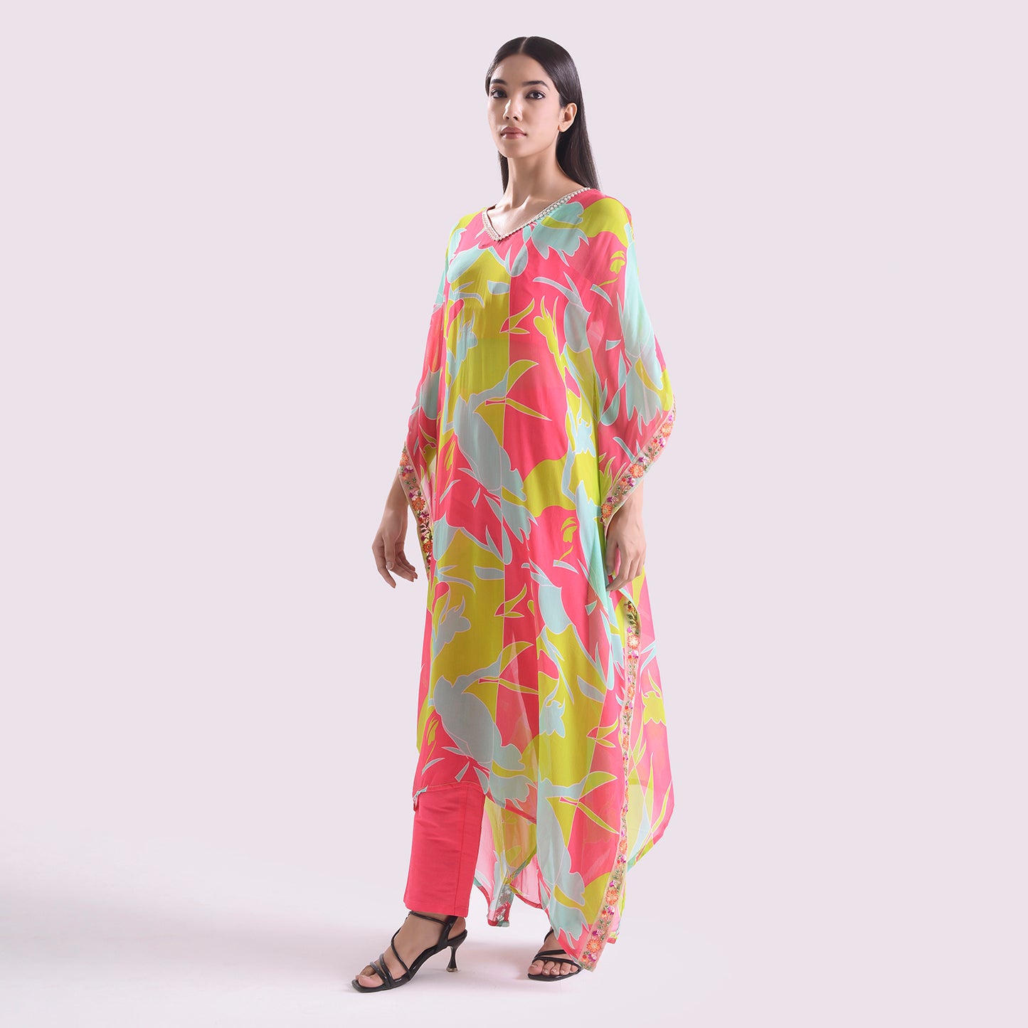 HOK ENSEMBLE Modern muse Goergette Kaftan with silk blouse and pant with embroided touch