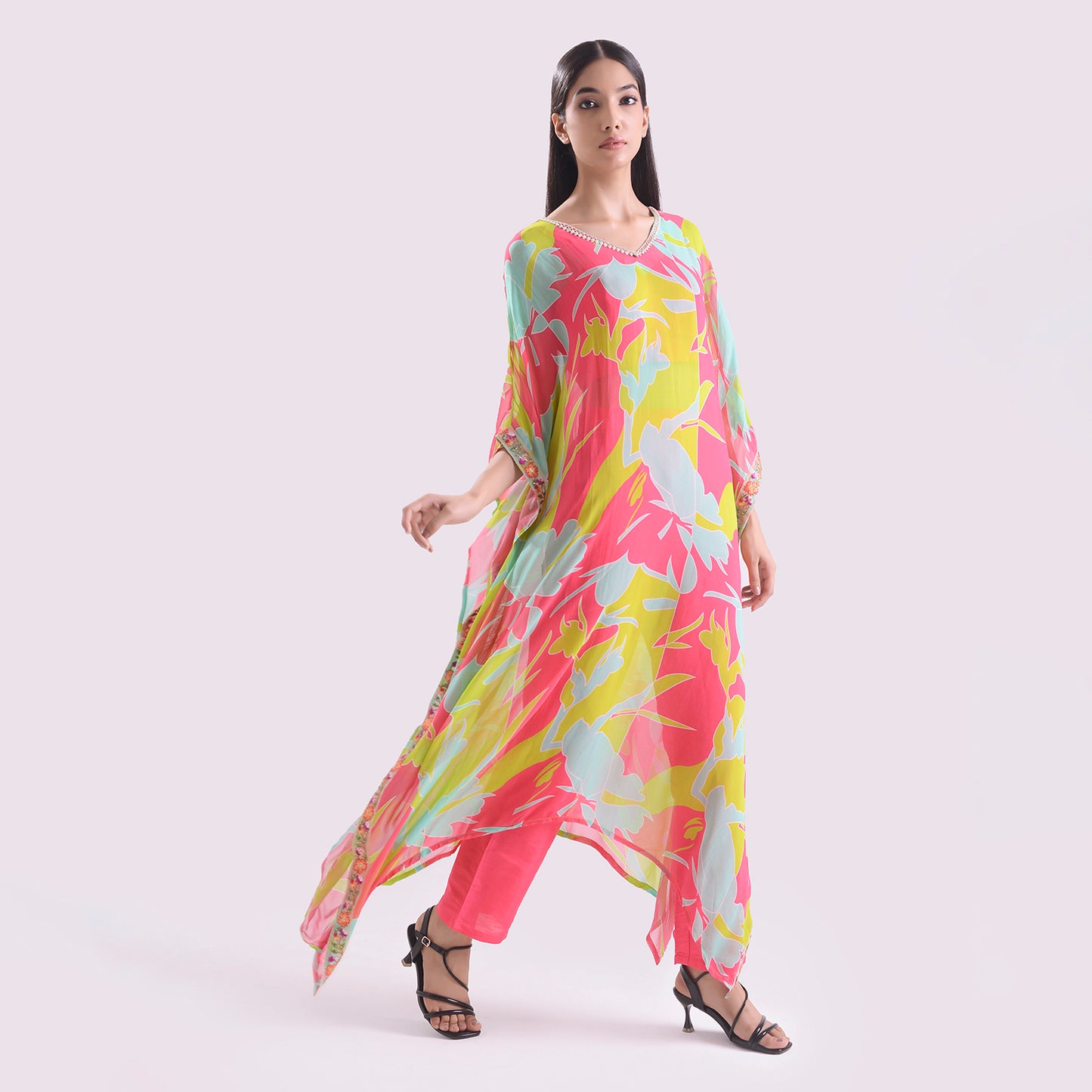 HOK ENSEMBLE Modern muse Goergette Kaftan with silk blouse and pant with embroided touch