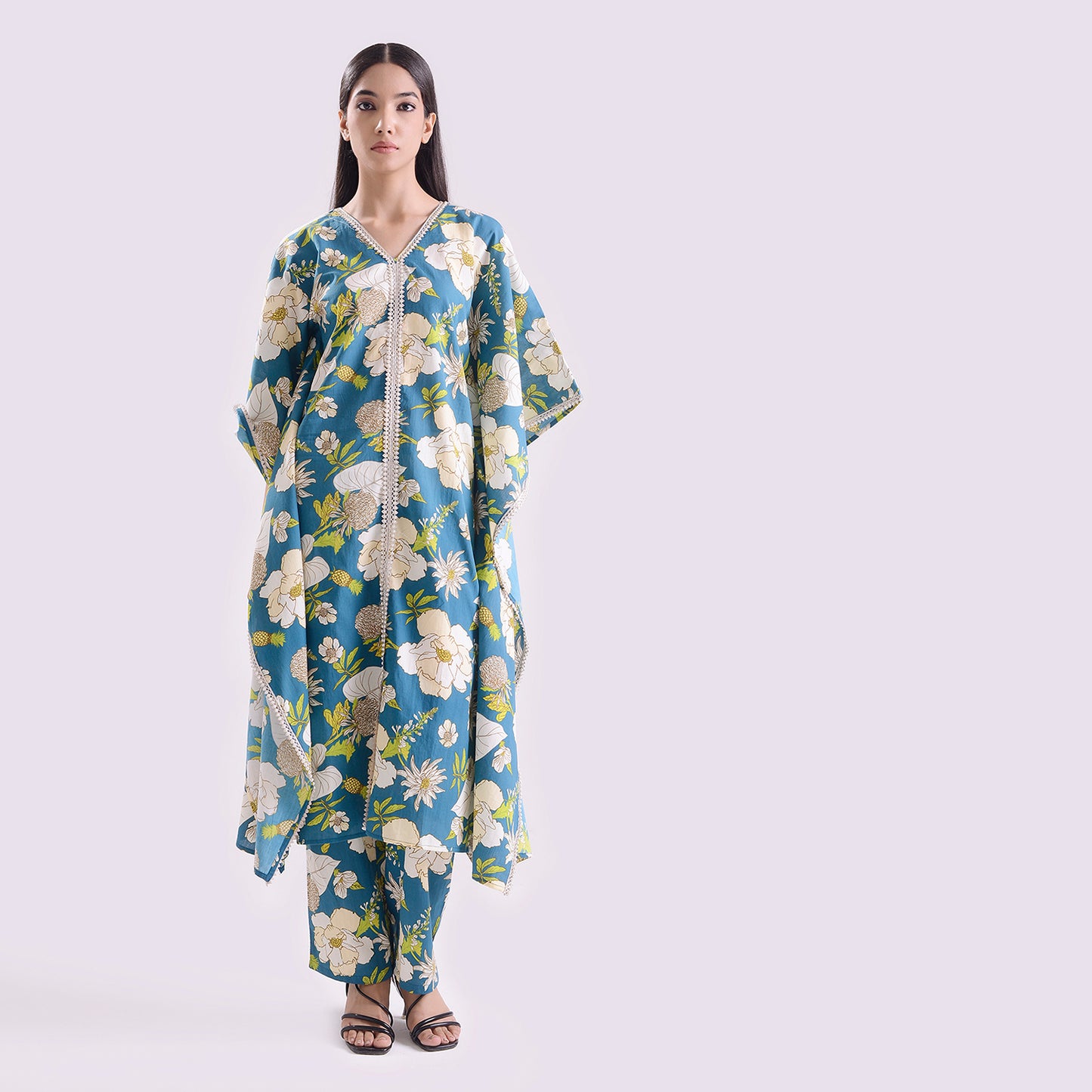Poplin kaftan style suit set of 2 with embroidered border