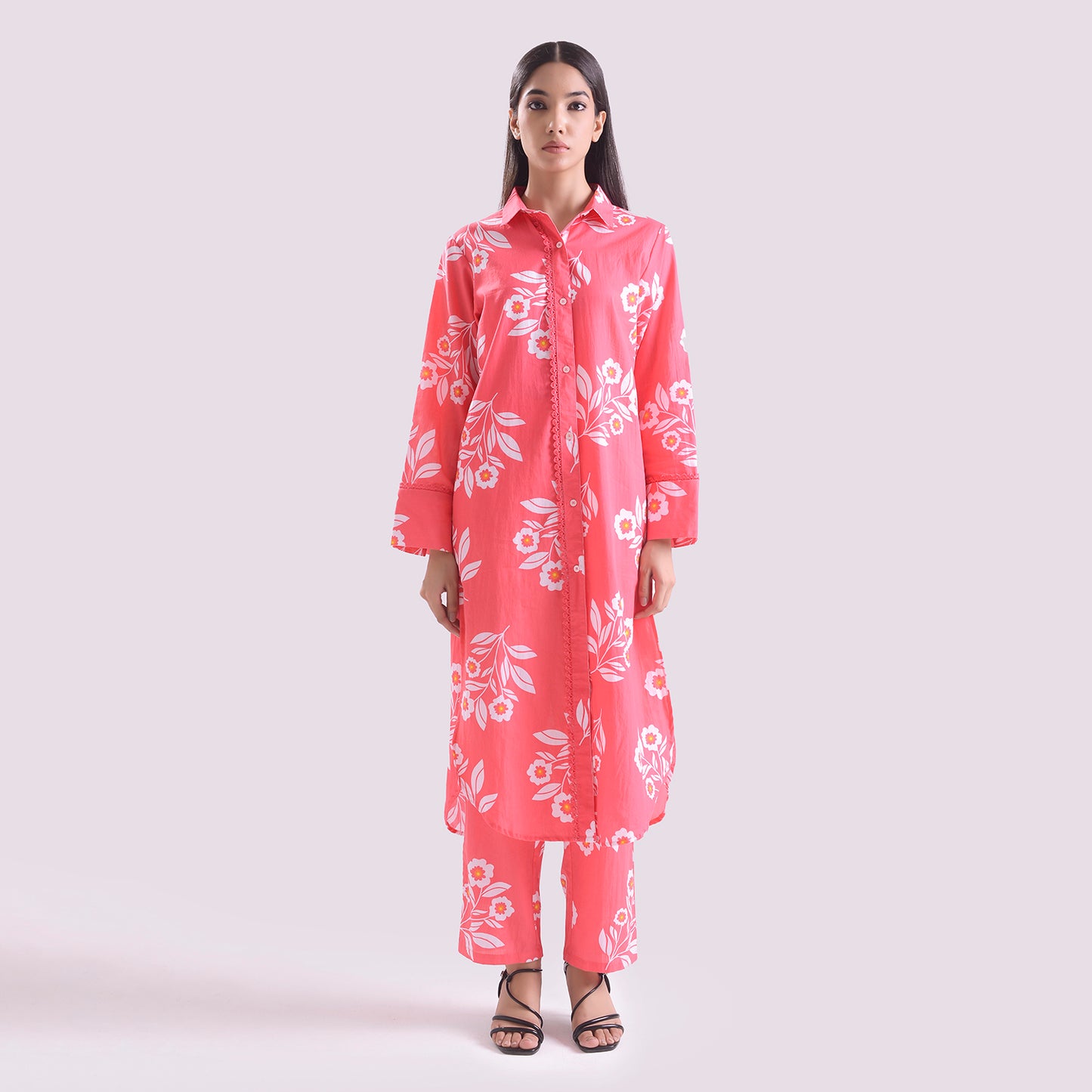 Pink poplin Long shirt with pant set of 2