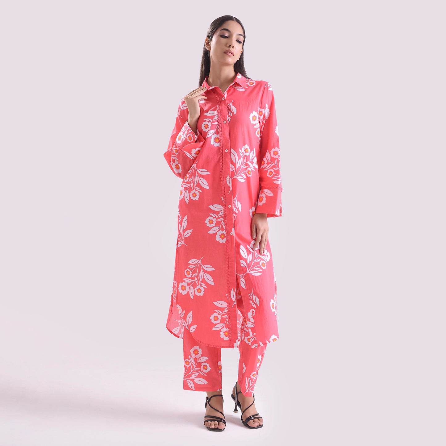 Pink poplin Long shirt with pant set of 2