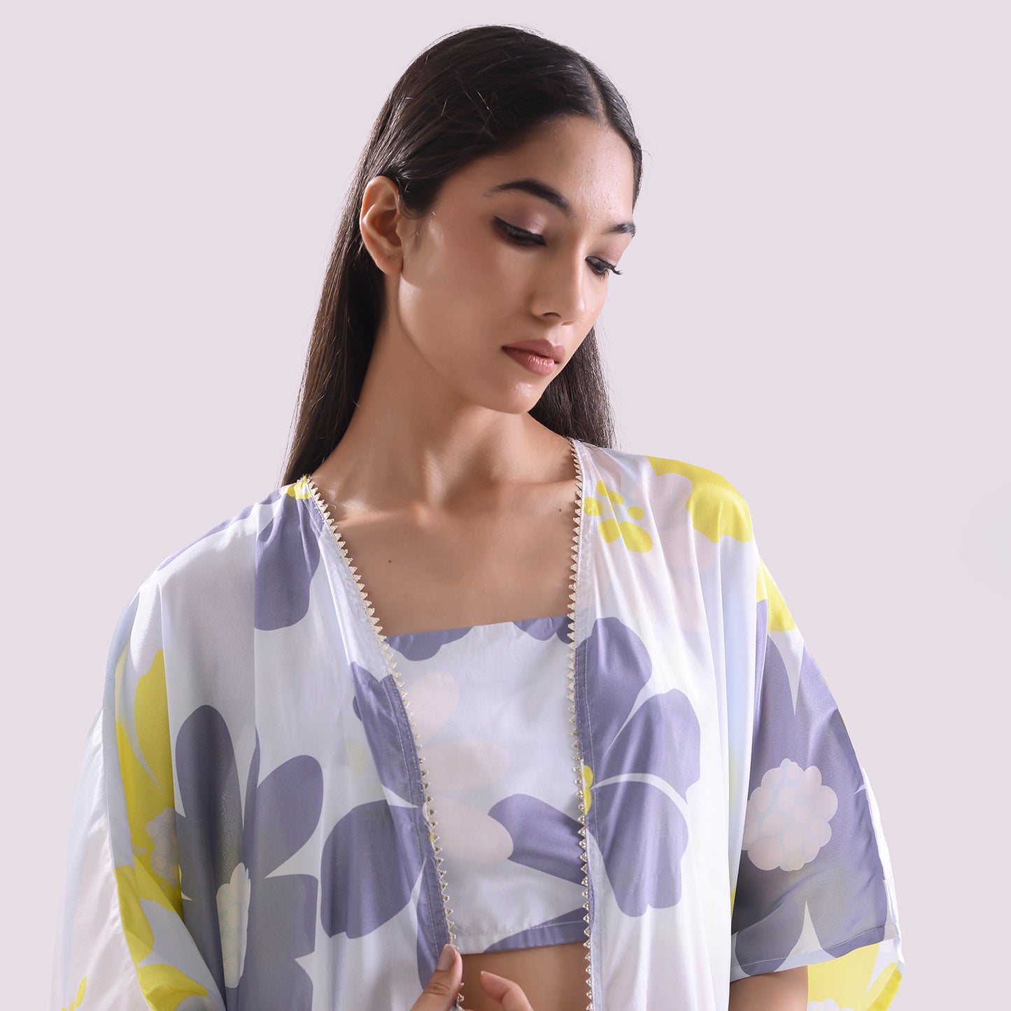 HOK ENSEMBLE Floral print silk emsemble skirt style with long cape & Blouse