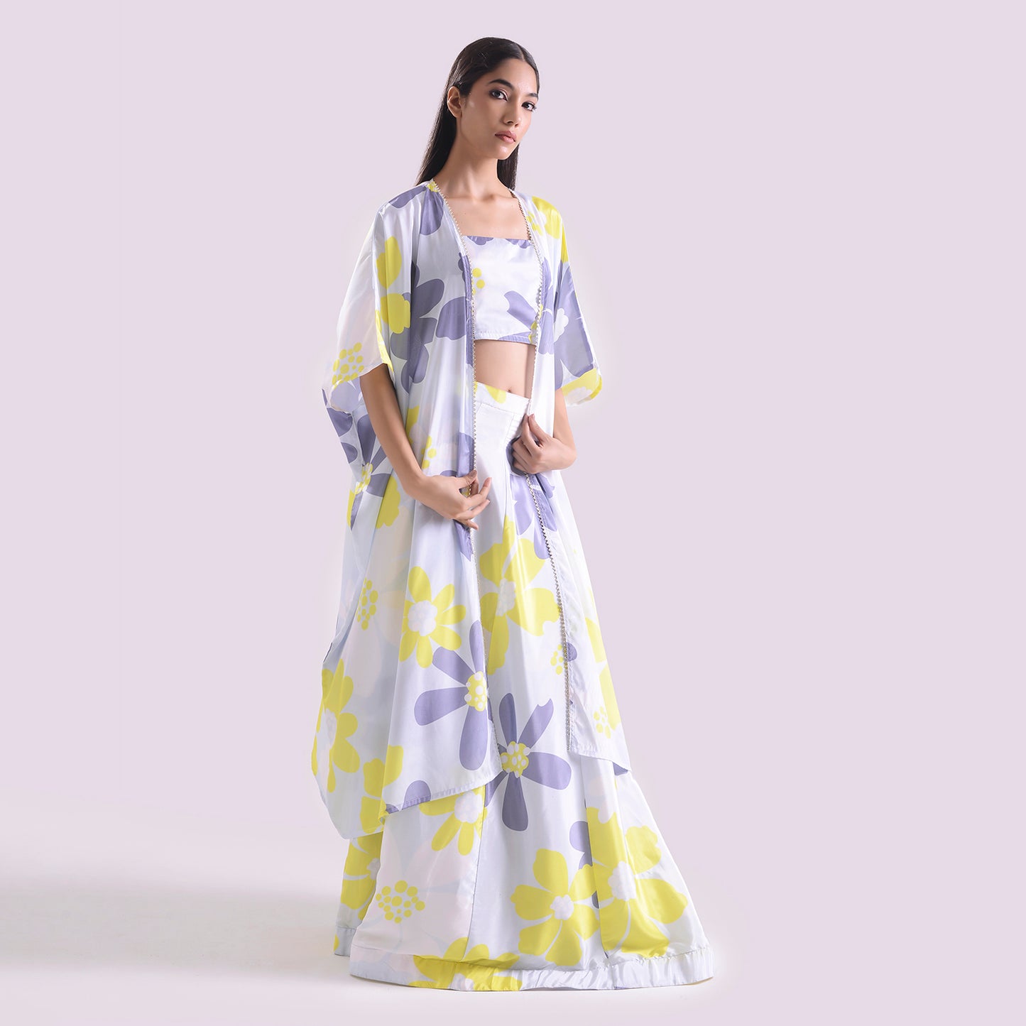 HOK ENSEMBLE Floral print silk emsemble skirt style with long cape & Blouse