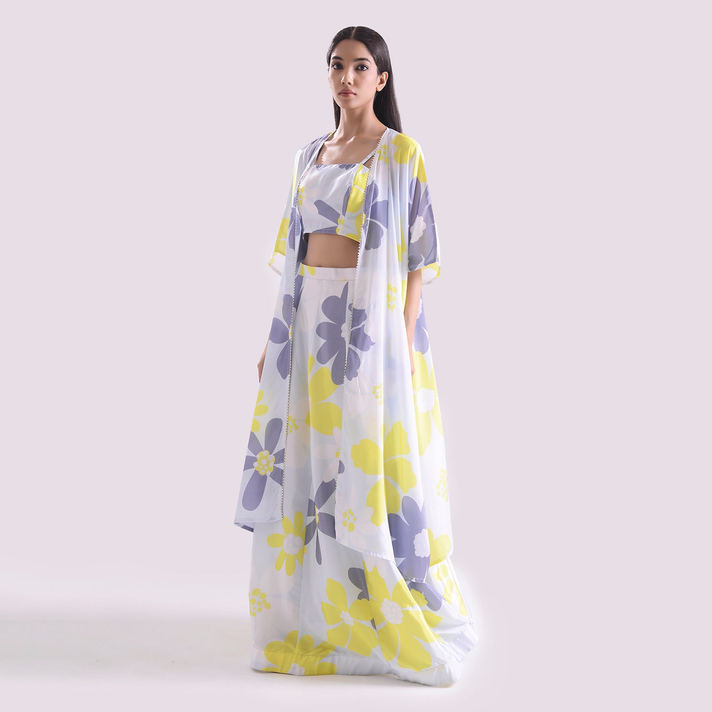 HOK ENSEMBLE Floral print silk emsemble skirt style with long cape & Blouse