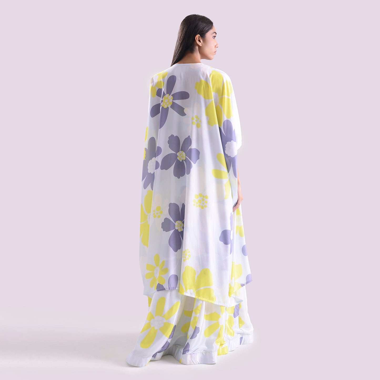 HOK ENSEMBLE Floral print silk emsemble skirt style with long cape & Blouse
