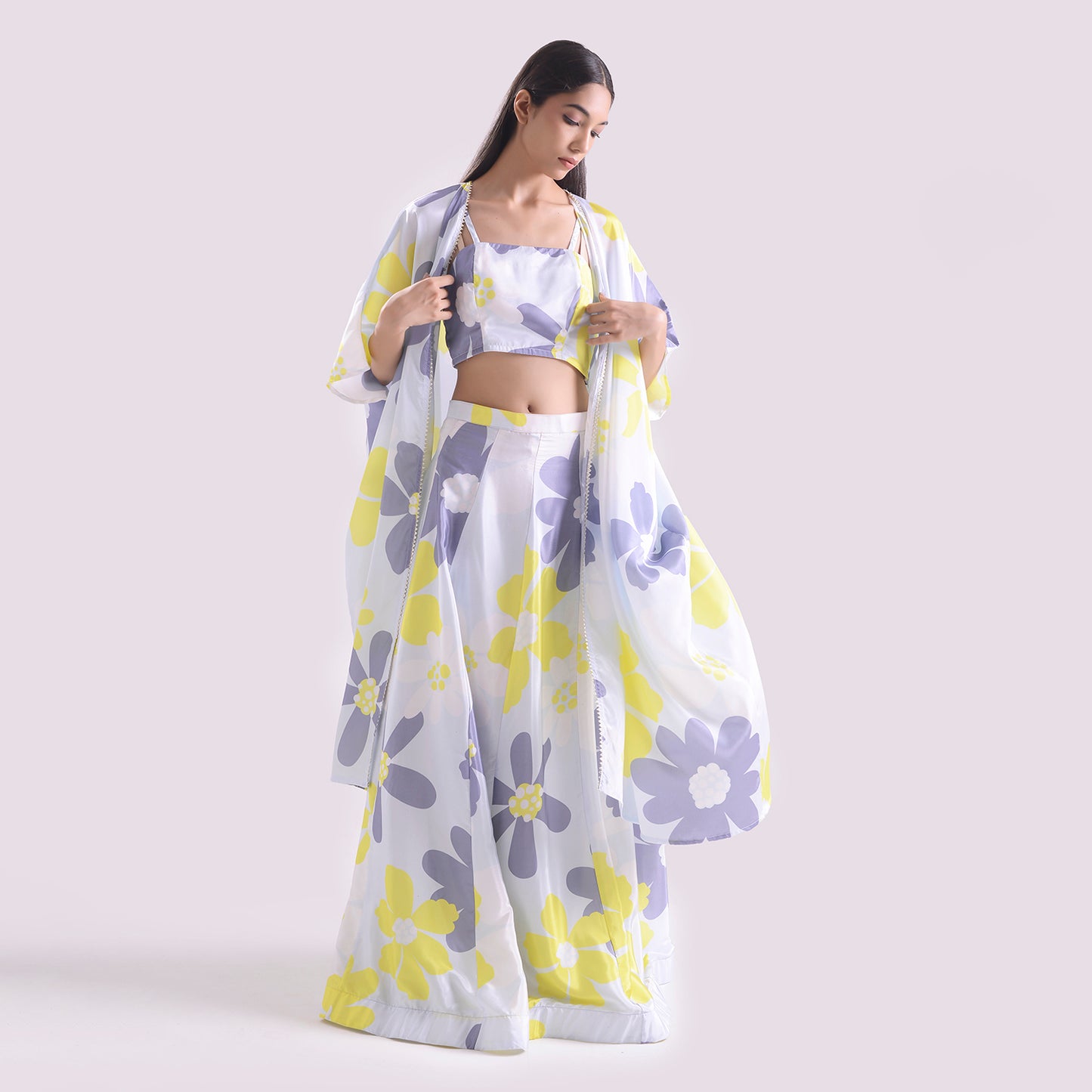 HOK ENSEMBLE Floral print silk emsemble skirt style with long cape & Blouse