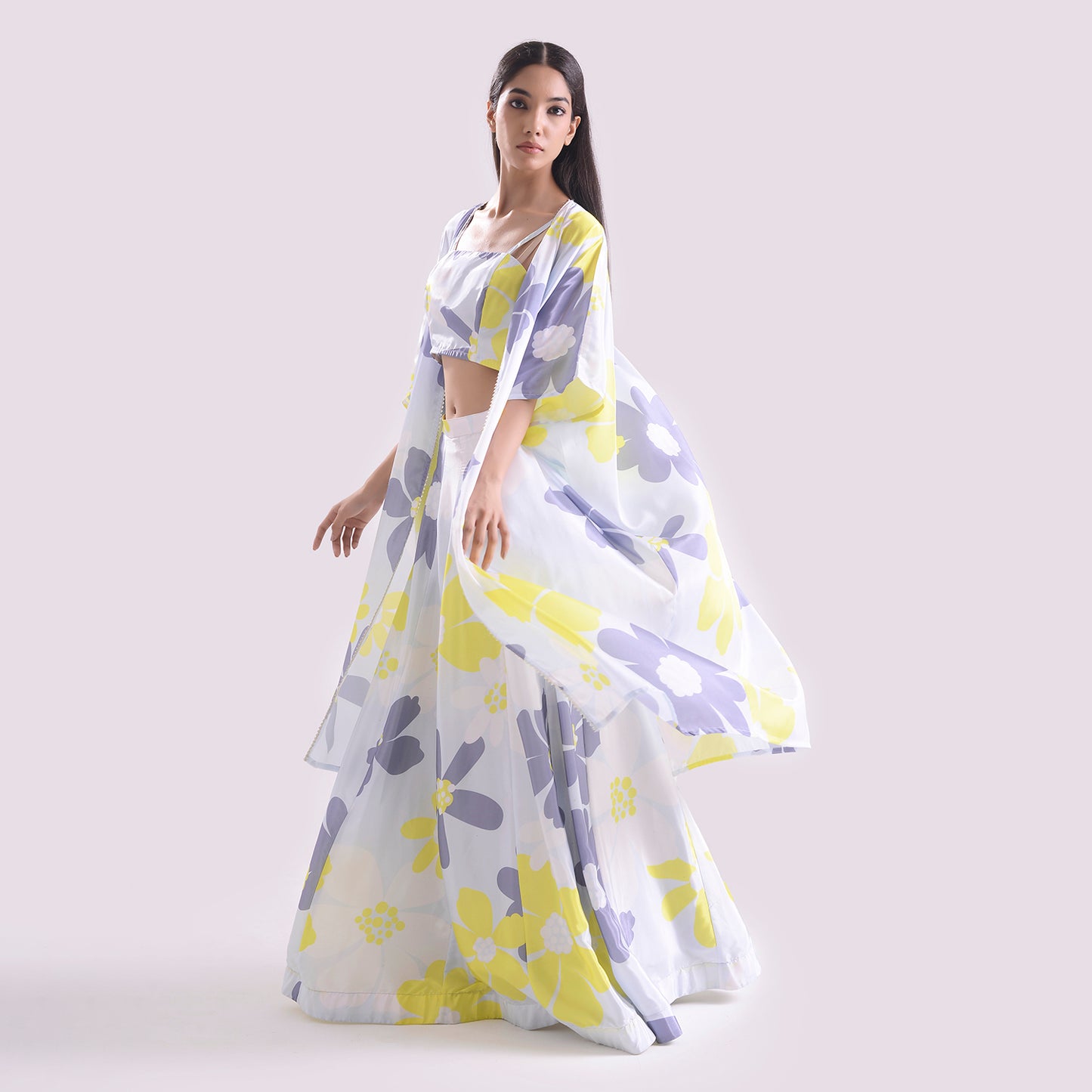 HOK ENSEMBLE Floral print silk emsemble skirt style with long cape & Blouse