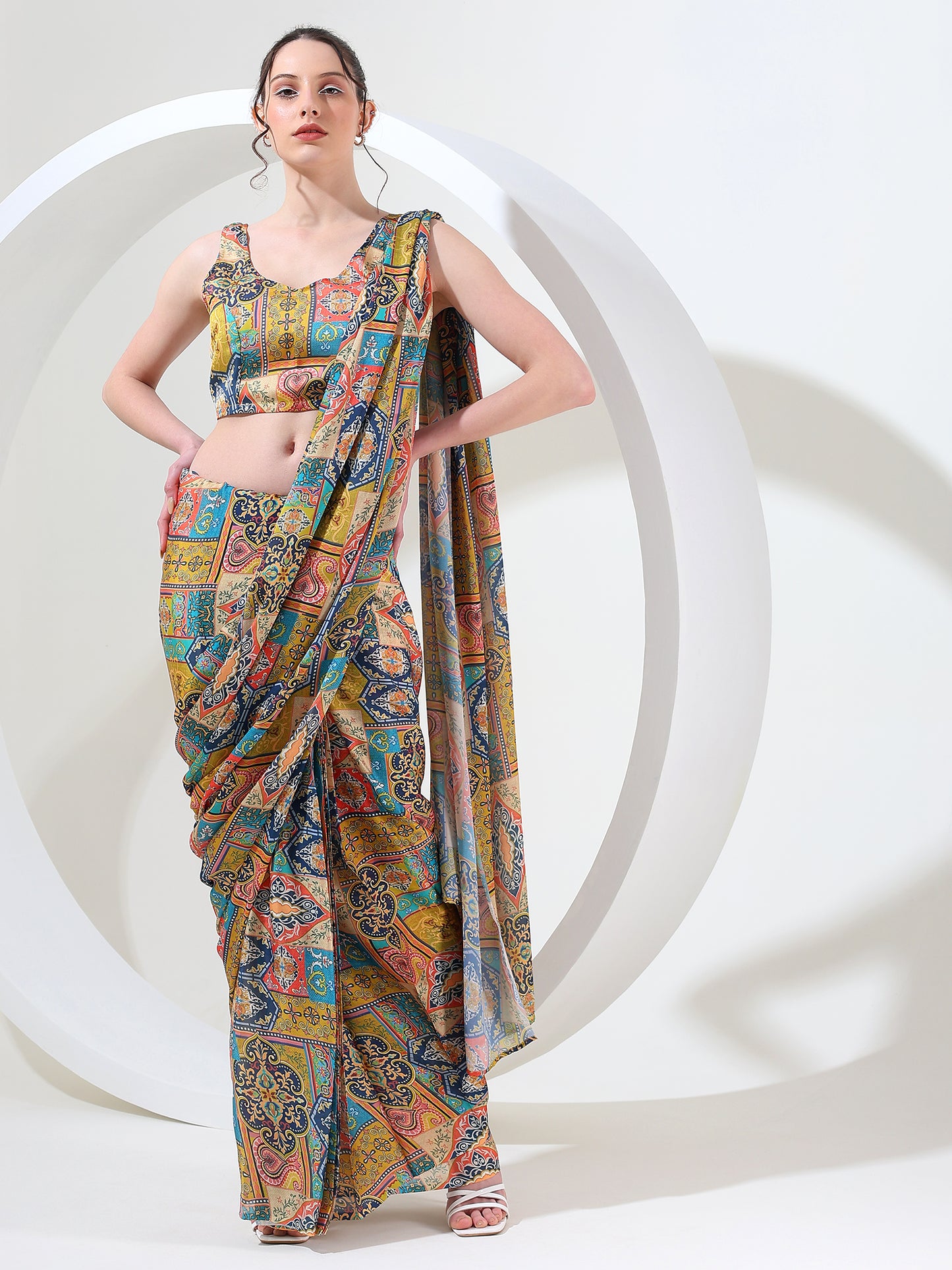 Contemporary luxe goergette satin stitched saree