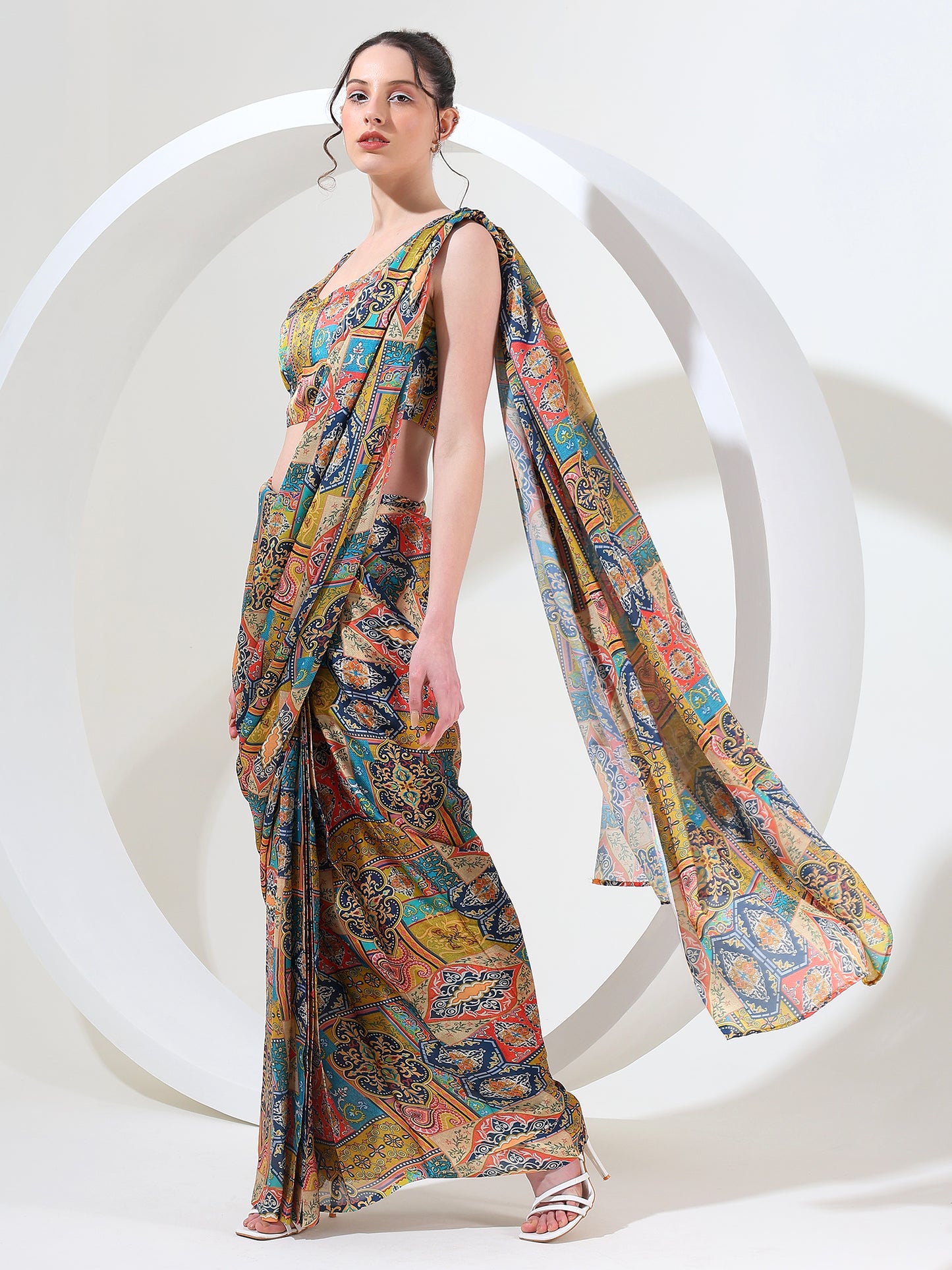 Contemporary luxe goergette satin stitched saree