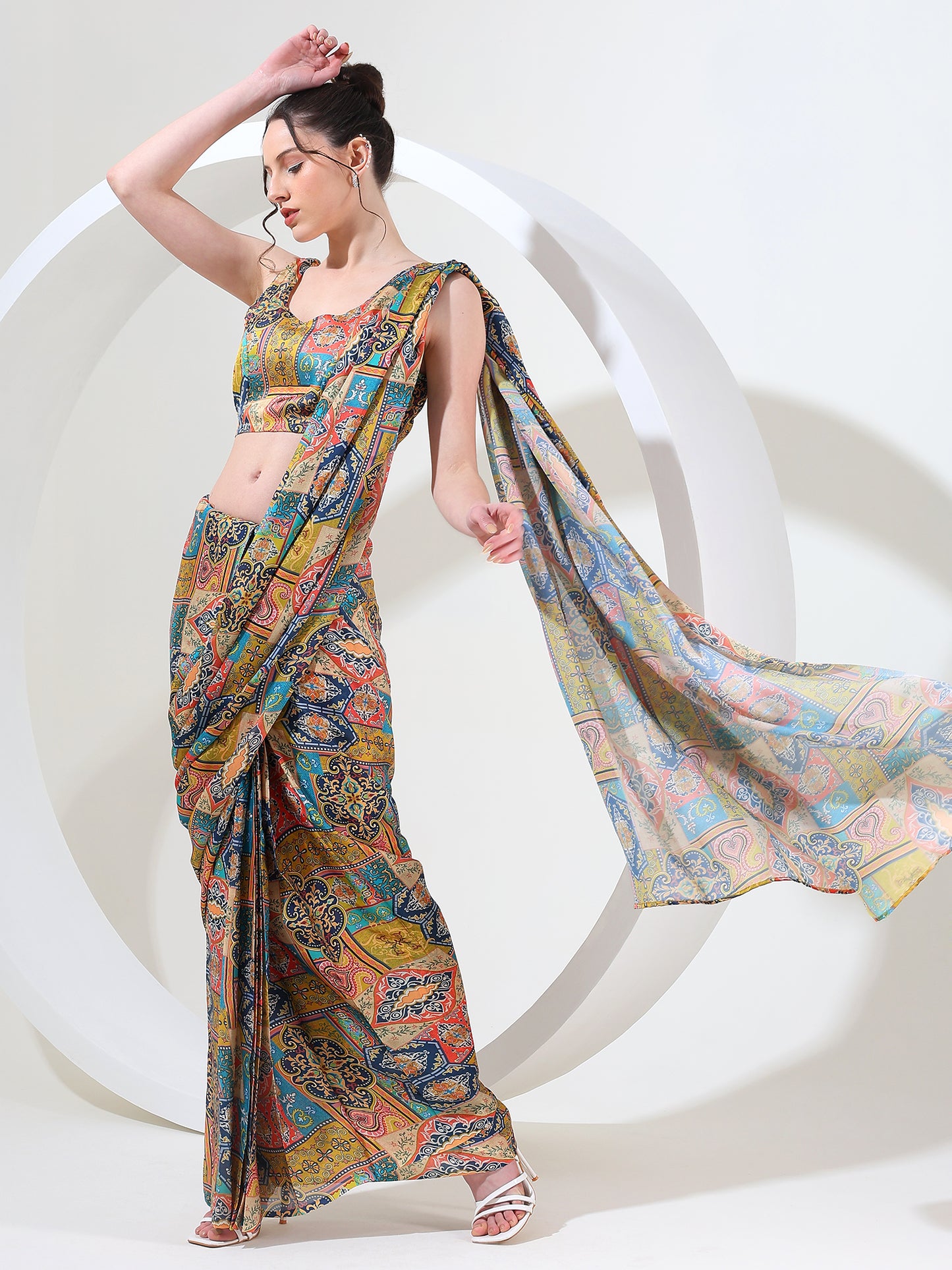 Contemporary luxe goergette satin stitched saree