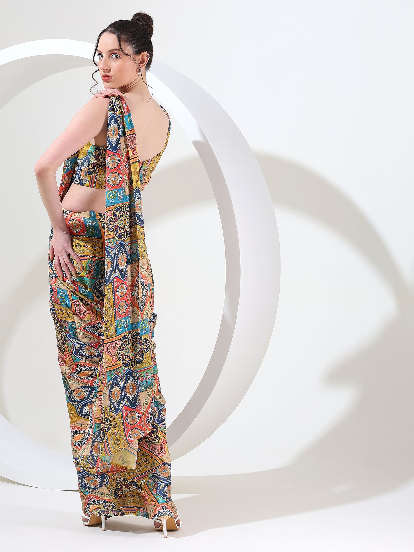 Contemporary luxe goergette satin stitched saree