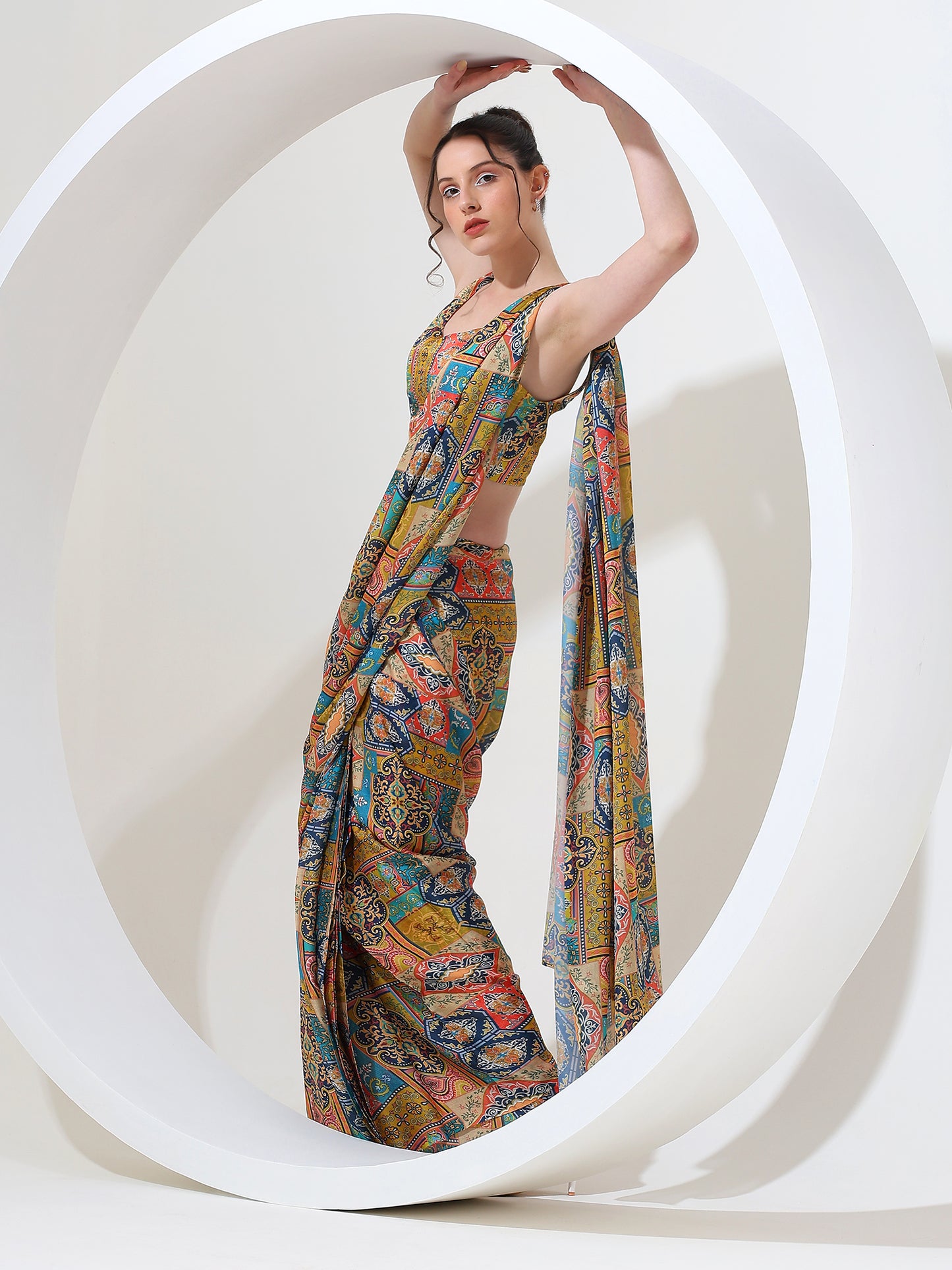 Contemporary luxe goergette satin stitched saree