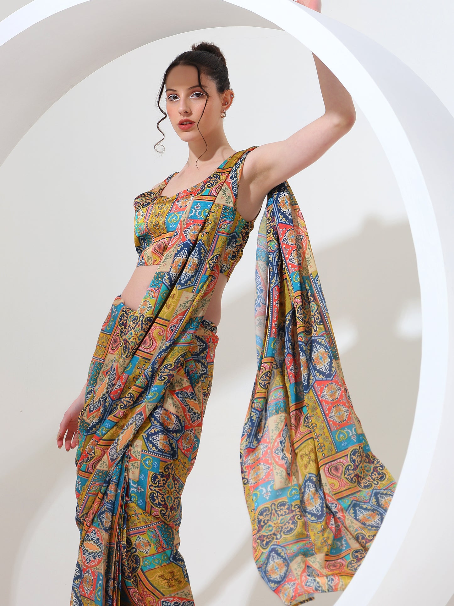 Contemporary luxe goergette satin stitched saree