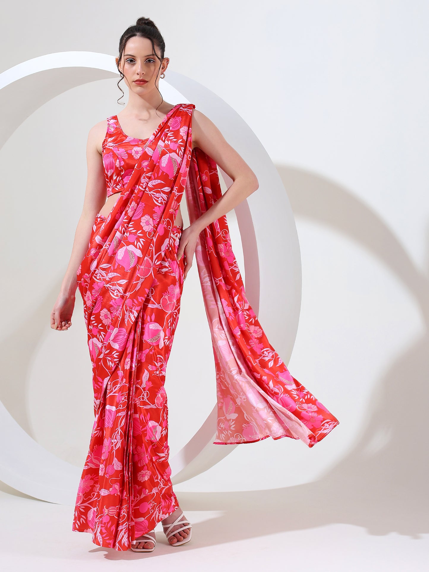 Majestic crimson crepe silk stitched saree