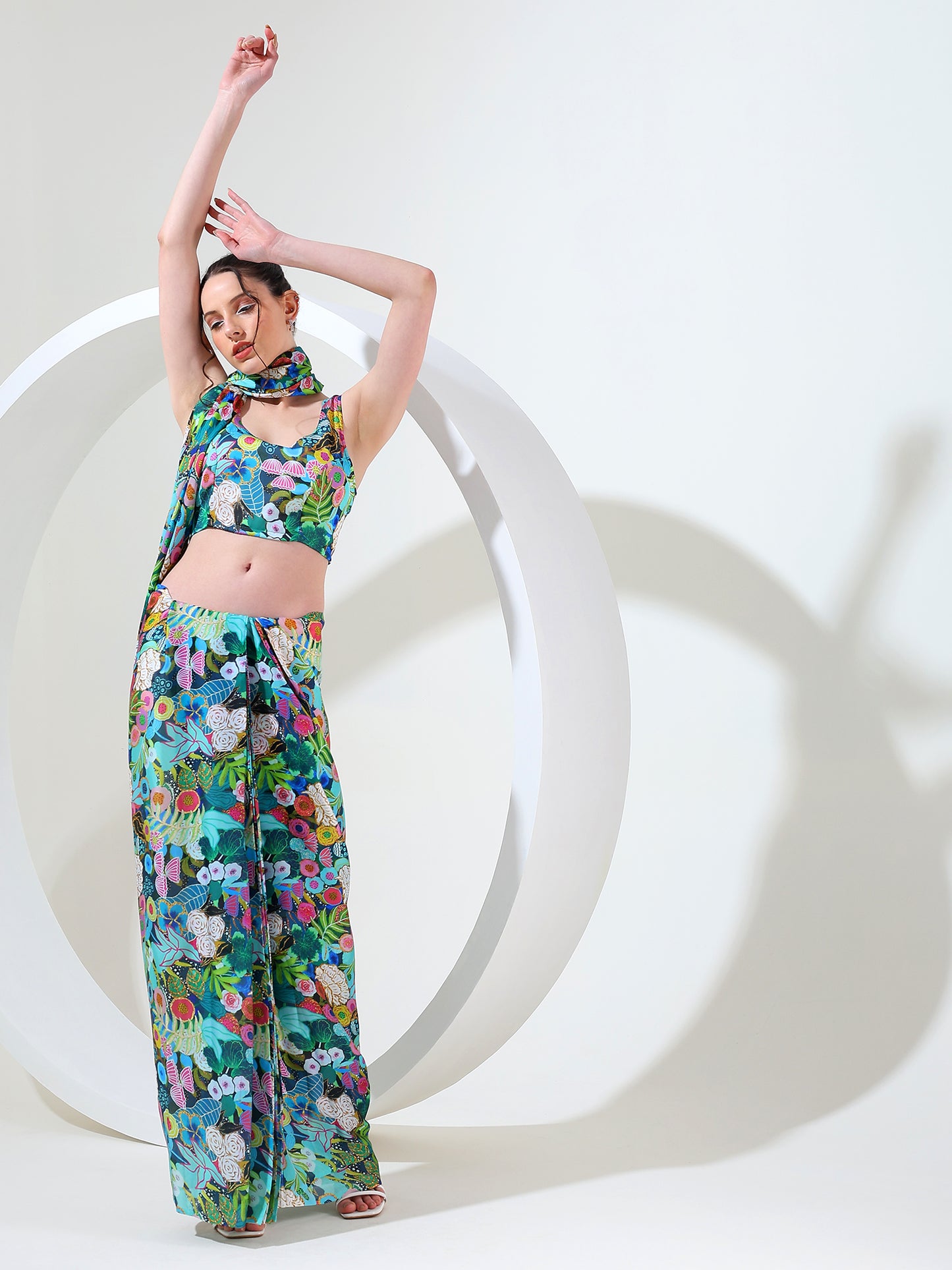 Modern fusion goergette satin stitched saree