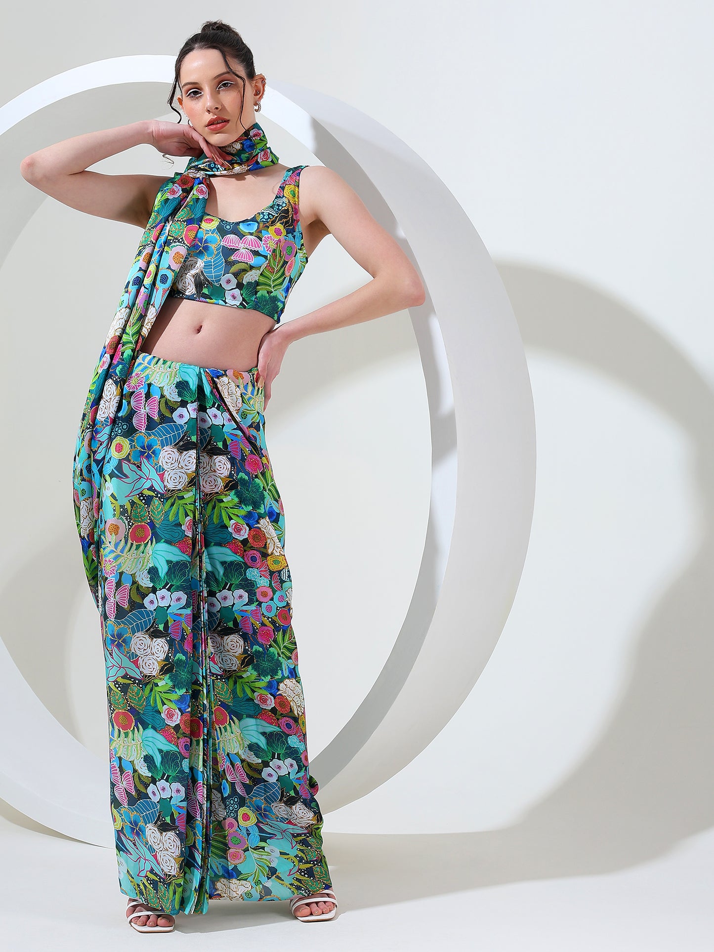 Modern fusion goergette satin stitched saree