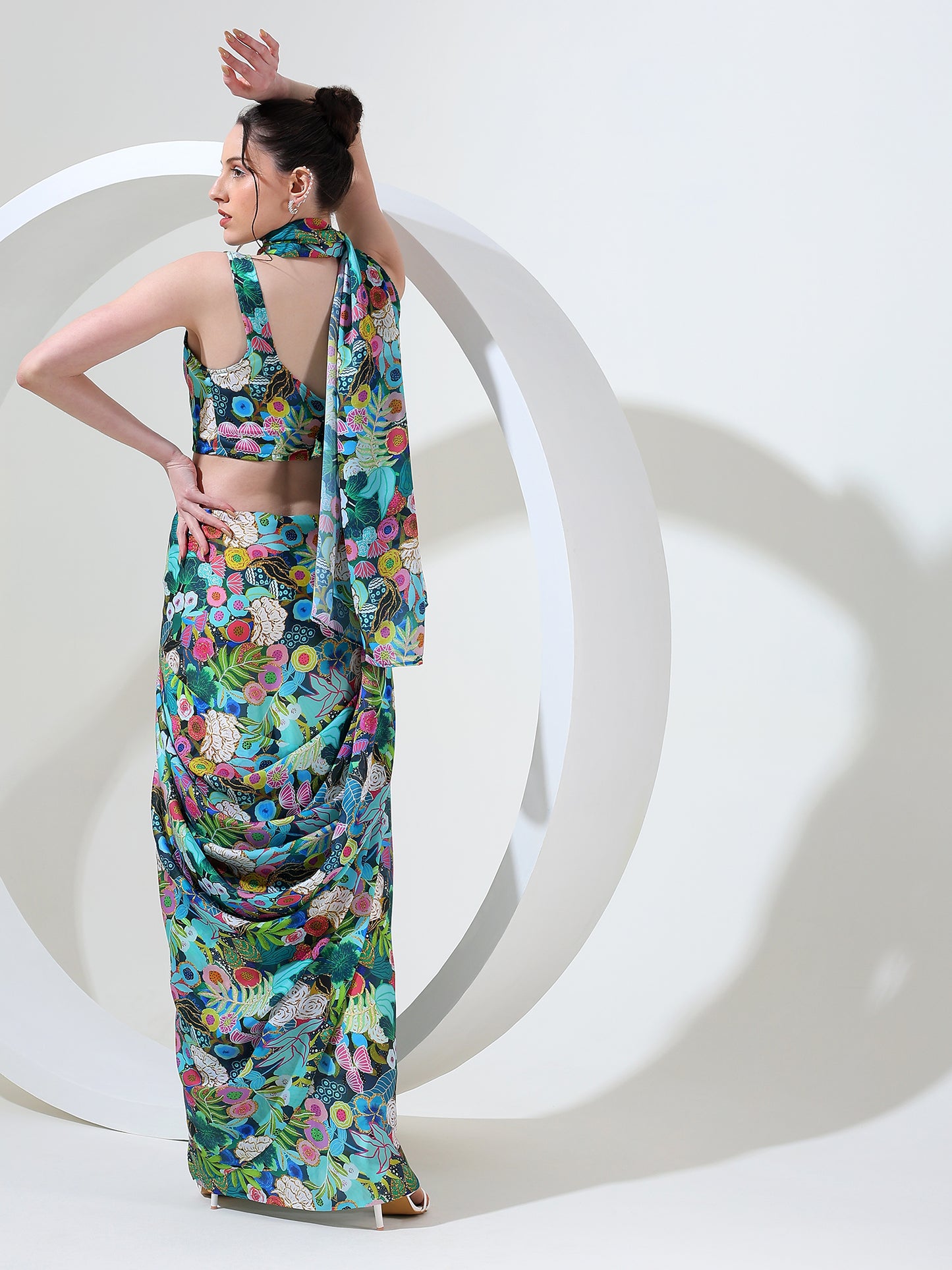 Modern fusion goergette satin stitched saree