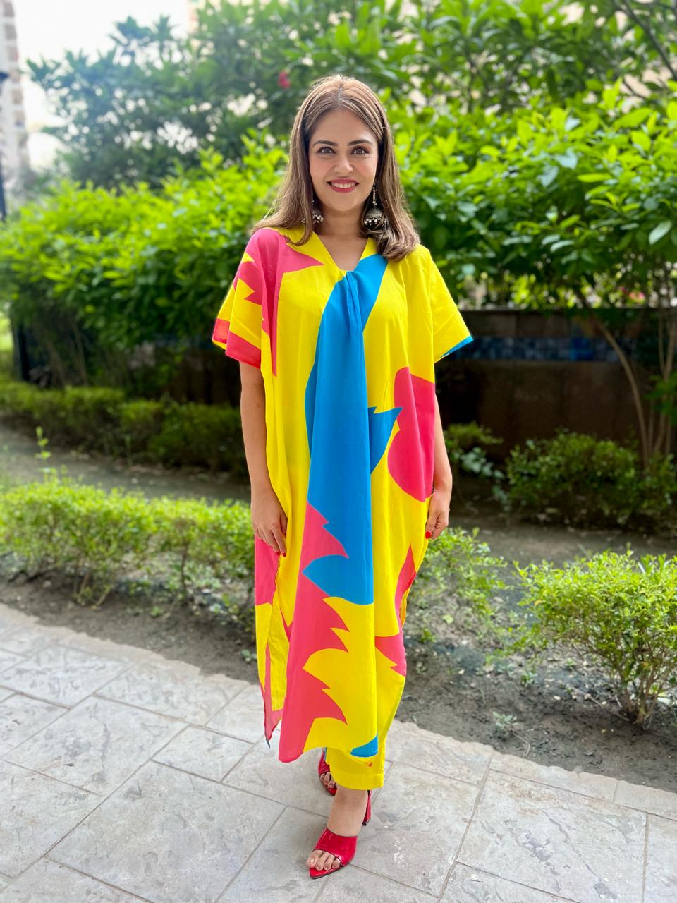 Lime pinky blue poplin Kaftan style suit set of 2