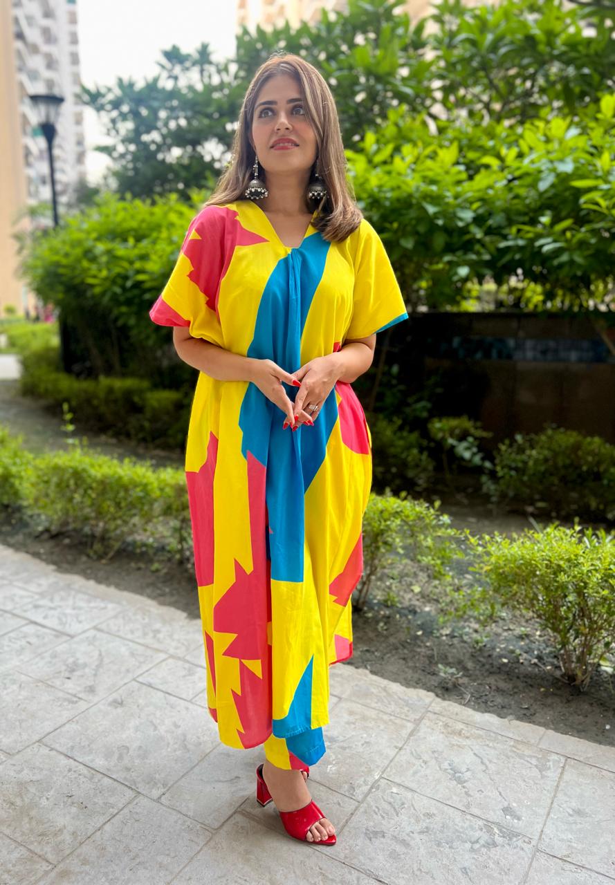 Lime pinky blue poplin Kaftan style suit set of 2
