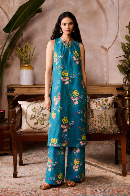 Turquoise Bloom Silk Suit Set