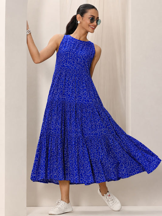 Azure Bloom Blue Printed Tiered Pure Muslin Maxi Dress