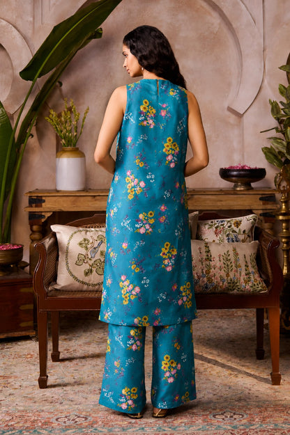 Turquoise Bloom Silk Suit Set