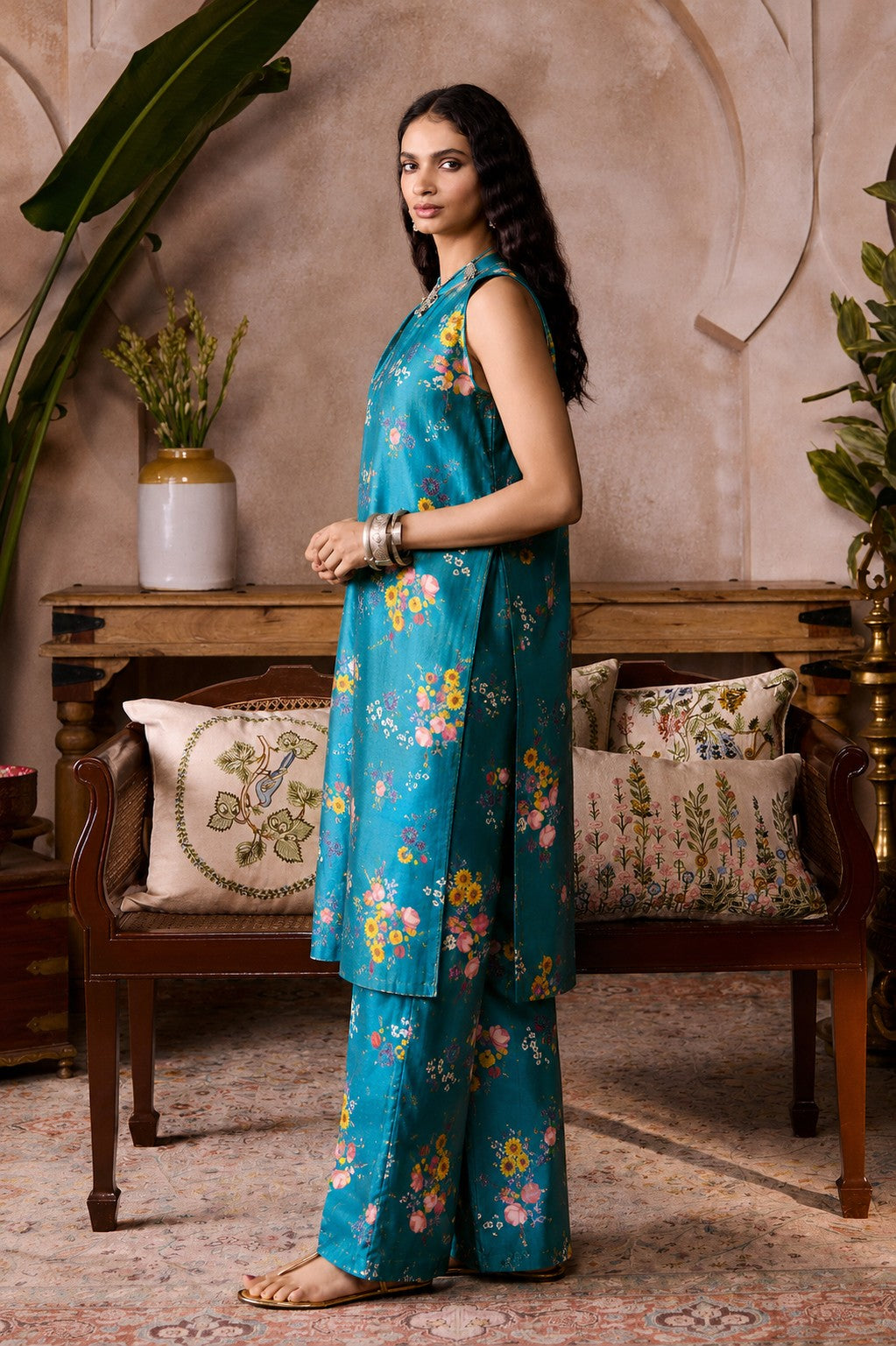 Turquoise Bloom Silk Suit Set