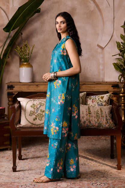 Turquoise Bloom Silk Suit Set