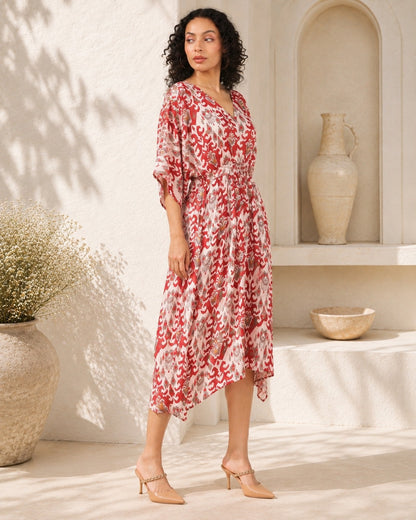 Maroon Ikkat kaftan style dress